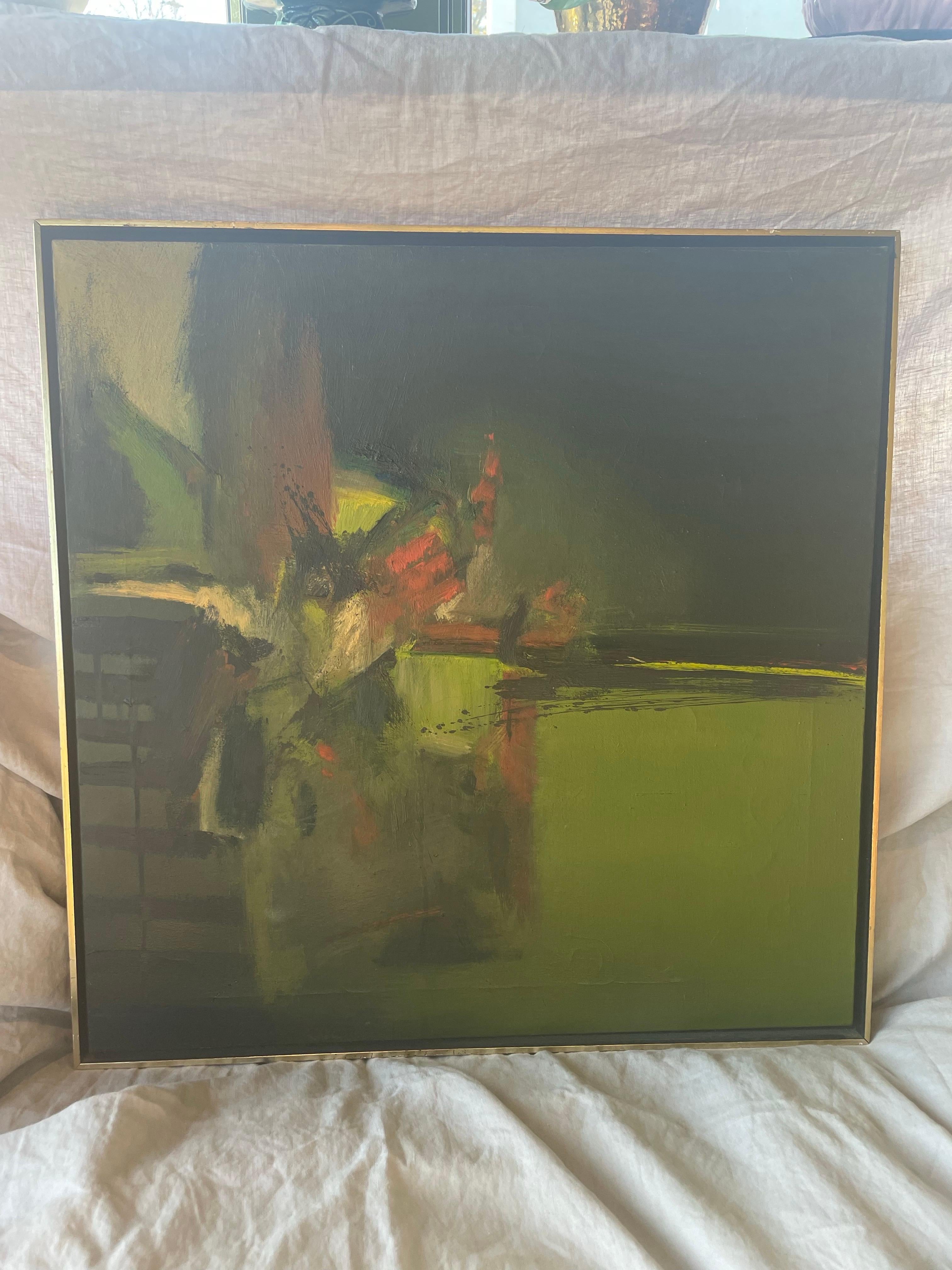 Ein beeindruckendes abstraktes Ölgemälde auf Leinwand von Edmund Morais, das auf der Rückseite den Titel Fields of My Yards trägt. Die Komposition erforscht tiefe Tonwertkontraste von Grün, Ocker und Rot mit ausdrucksstarken Pinselstrichen, die