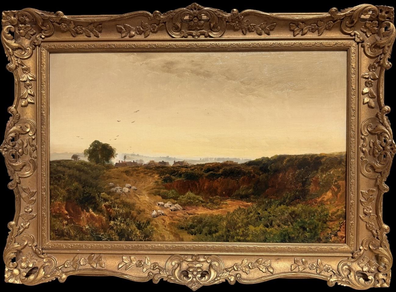 Landscape Painting Edmund Morrison Wimperis - Moutons se reposant dans un coucher de soleil automnal Fine peinture à l'huile britannique du 19e siècle