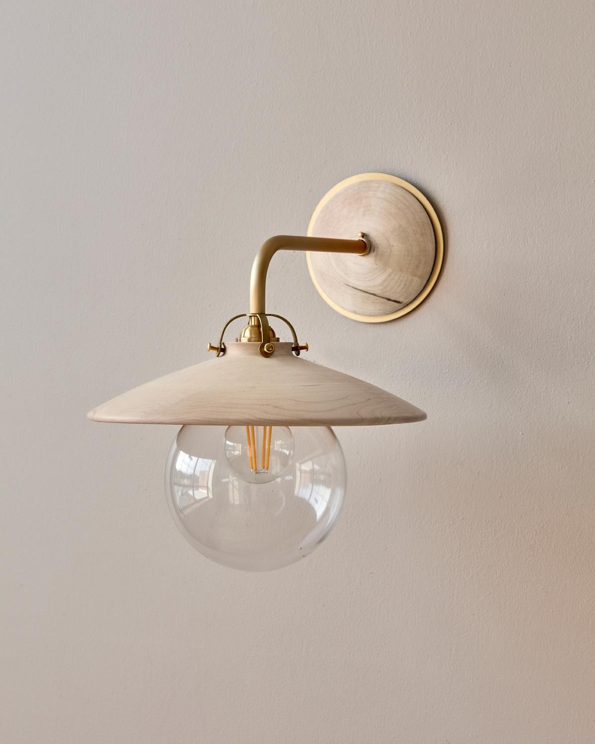 American Modern Brass Edmund Sconce in Clear Maple For Sale