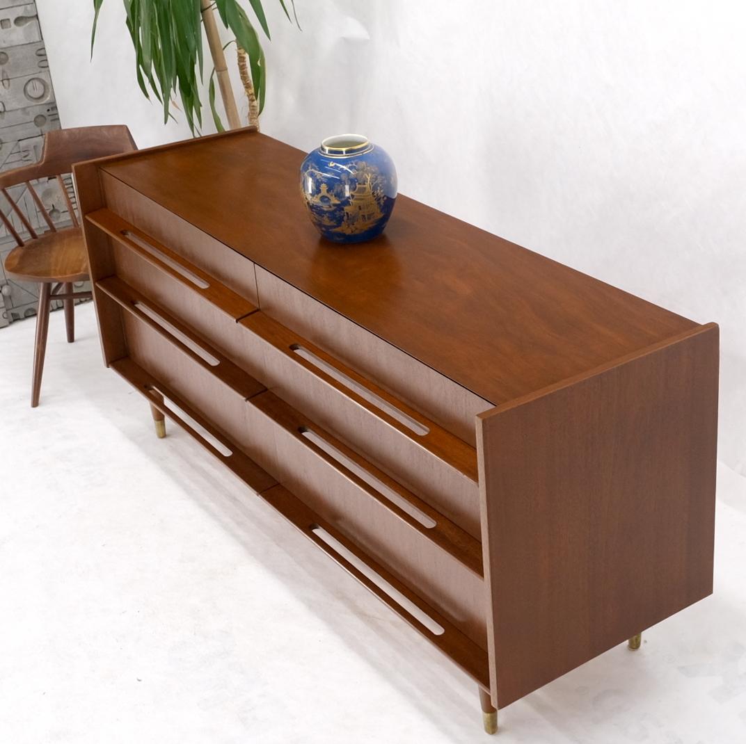 Lacquered Edmund Spence Attributed Large 6 Drawers Walnut Dresser W/ Gallery Top Cone Legs For Sale