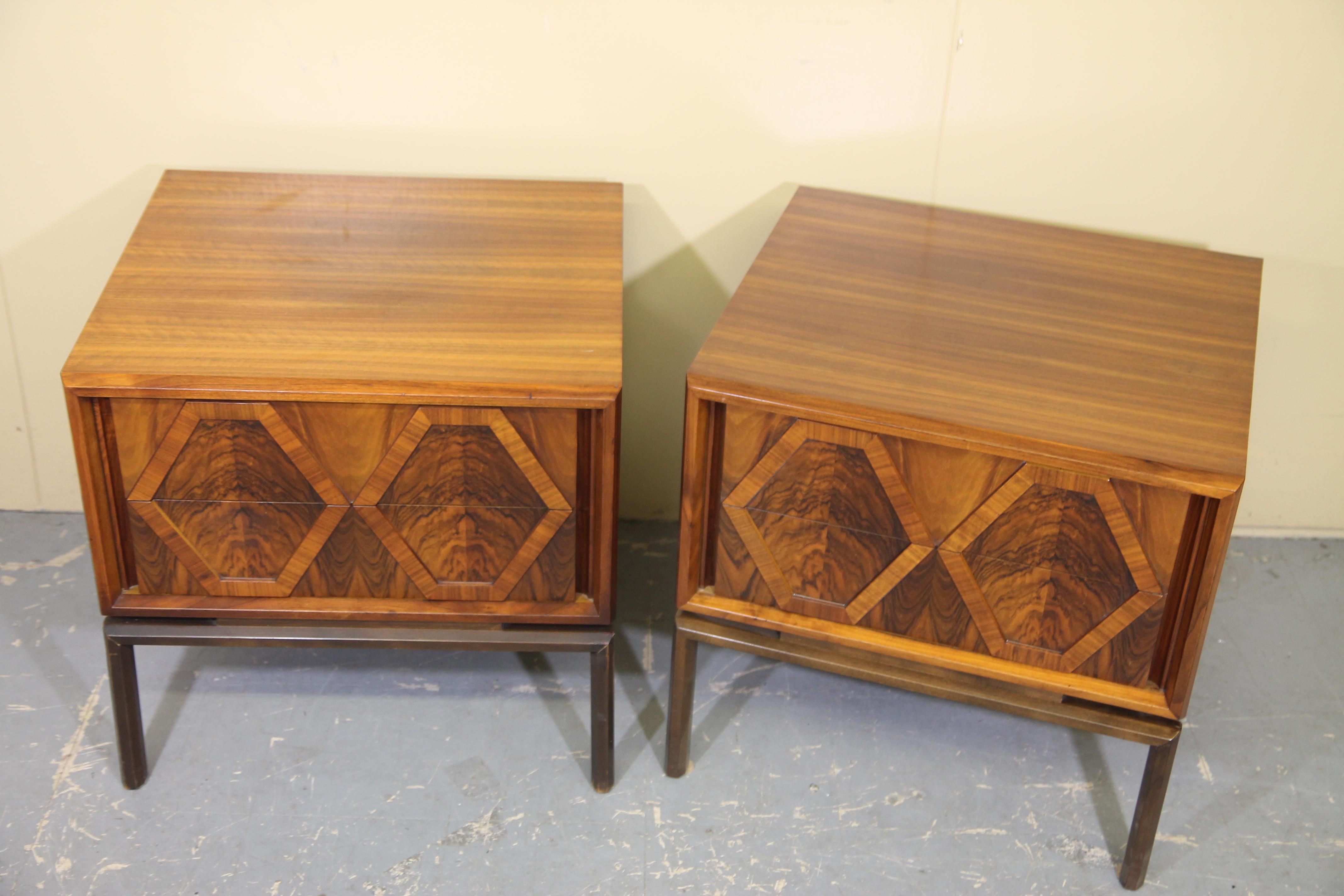 Great pair of Edmund Spence walnut end tables. Table rest on the signature Spence leg design. Tables are in very nice vintage condition with just a few nicks on the legs. I will be listing a small dresser that goes with this set.