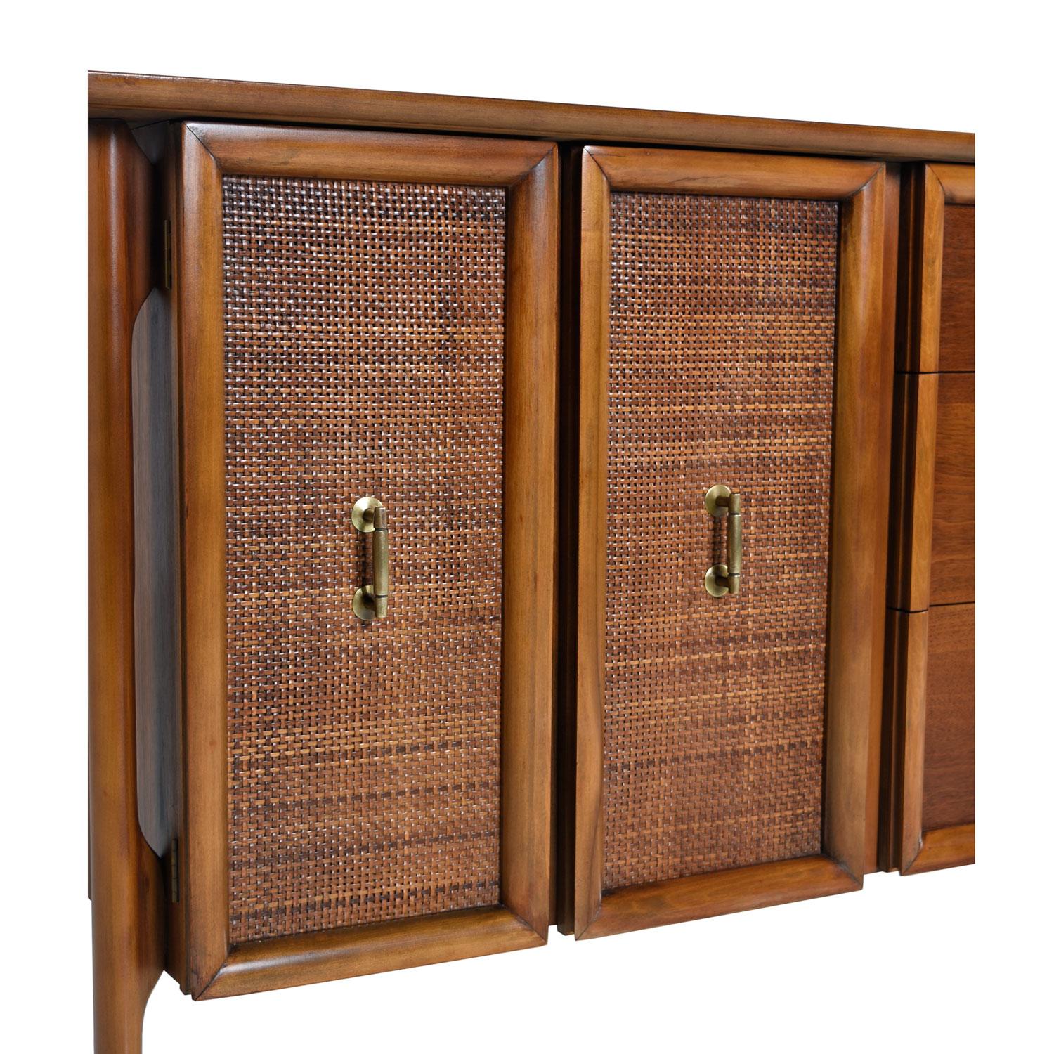 American Edmund Spence Style Mid-Century Modern Cane Door Brass Accent Credenza Buffet