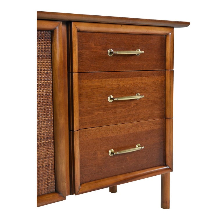 Edmund Spence Style Mid Century Modern Cane Door Brass Accent Credenza Buffet At 1stdibs