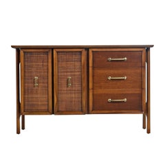 Edmund Spence Style Mid-Century Modern Cane Door Brass Accent Credenza Buffet