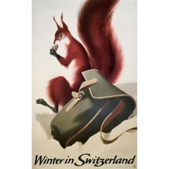 Circa 1950 Original Swiss Travel Poster "Winter in Switzerland" by Welf
