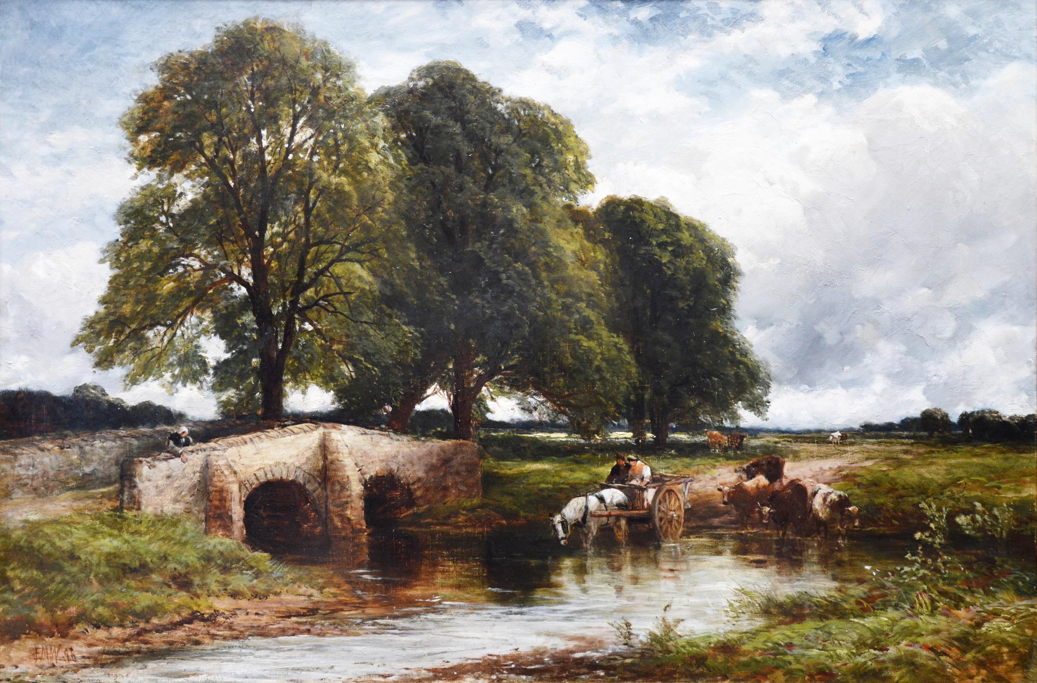 'Crossing the Stour' by Edmund Morison Wimperis RI RBA (1835-1900). A large 19th century oil on canvas of a horse and cart and cattle watering on the River Stour in Suffolk. The painting is signed by the artist and dated 1896, and hangs in a very