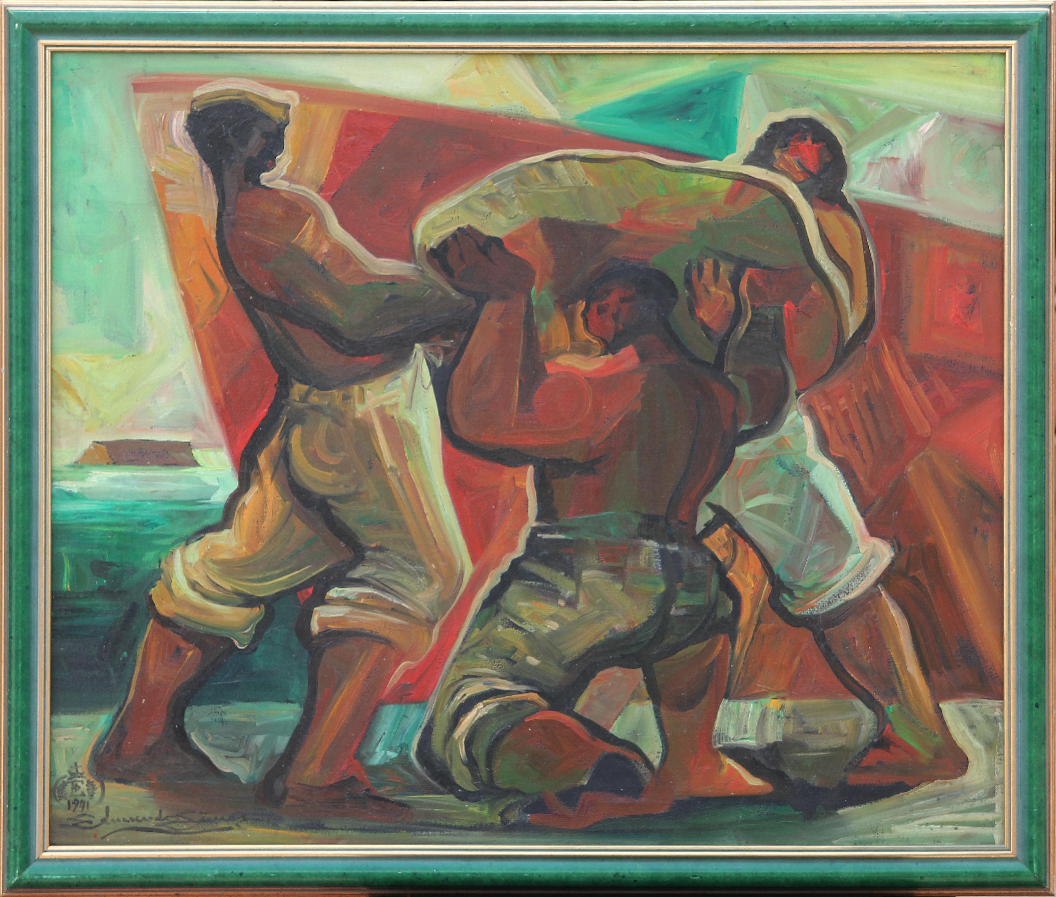 Edmundo Sinas Figurative Painting - Modern Abstract American WPA Ashcan School Inspired Painting of Dock Workers