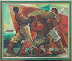 Modern Abstract American WPA Ashcan School Inspired Painting of Dock Workers