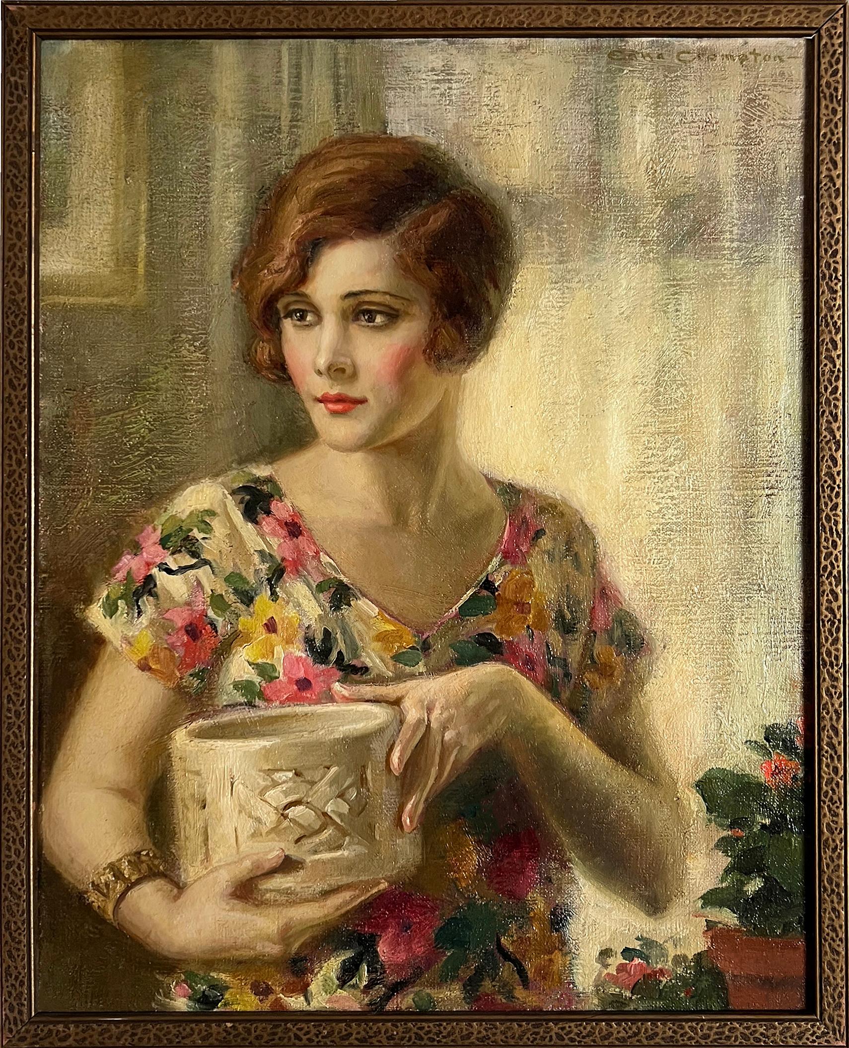 Writer Fannie Hurst in a Floral Pattern Dress Bathed in Warm Light - Art Deco Painting by Edna Crompton