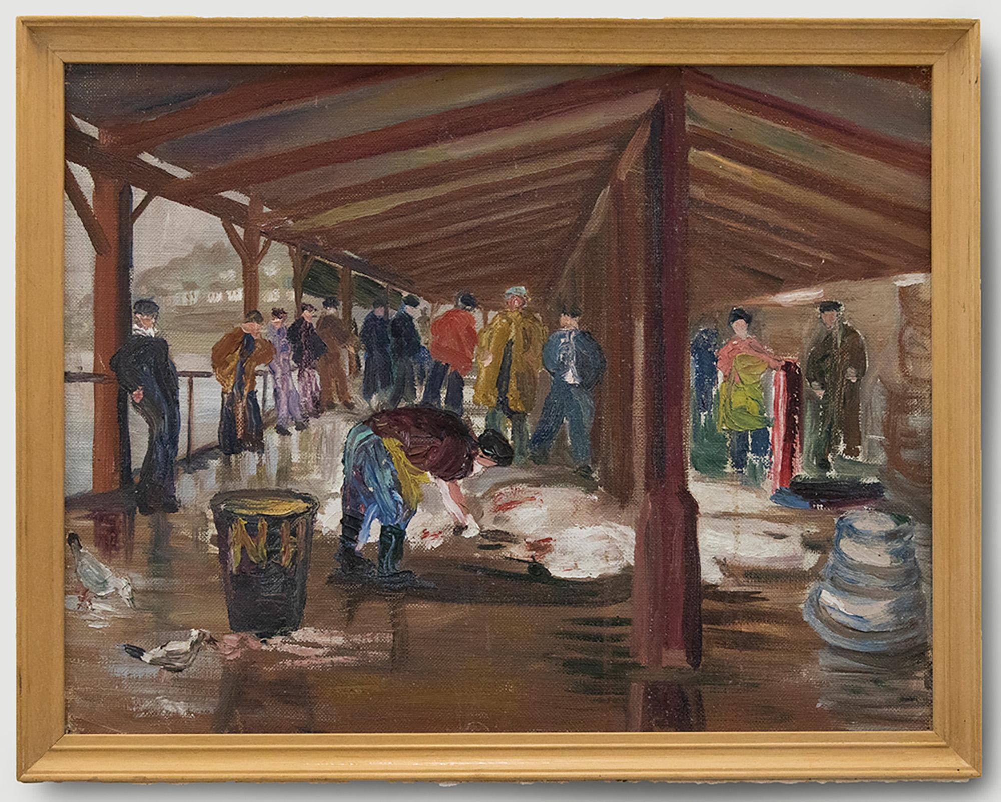 A charmingly naive 20th Century scene in impasto oil, showing a fish market in Cornwall, with customers standing around waiting for the fish to be gutted. The painting has been signed, titled and inscribed with the location to the reverse. The