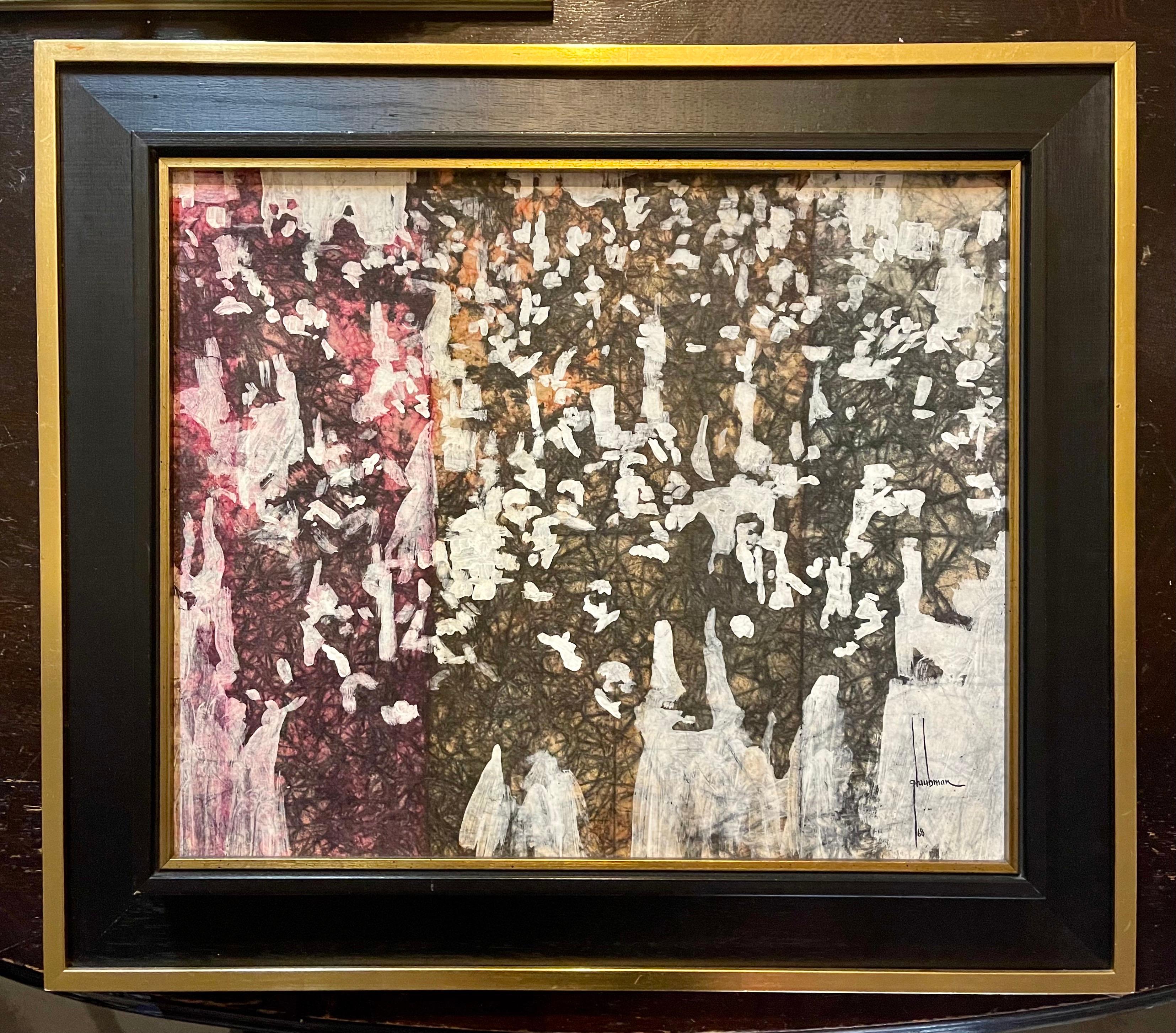 26 X 30 framed 18 X 21 sight size.
mod piece with a crowd of figures with pink, magenta and gold tinges to it. 
This appears to be an oil painting. she is known for her acrylic painting so this might be acrylic.

Edna Glaubman (1919-1986)