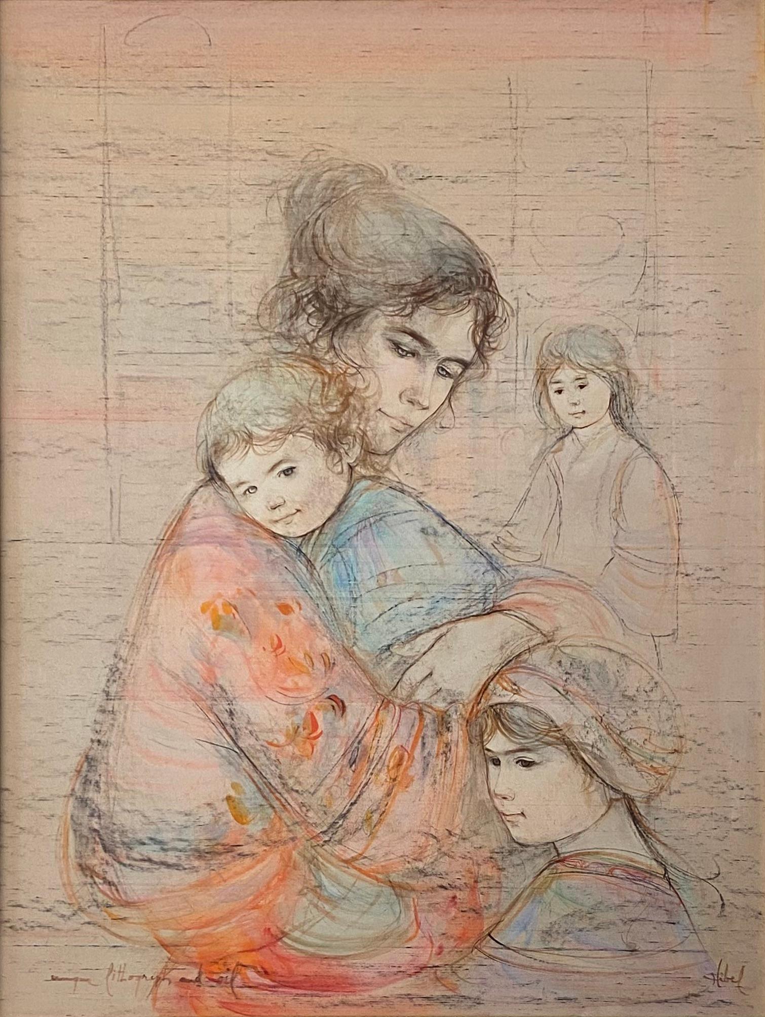 Mid-Century Modern Edna Hibel Color Lithograph and Oil Embellished Mother and Children For Sale
