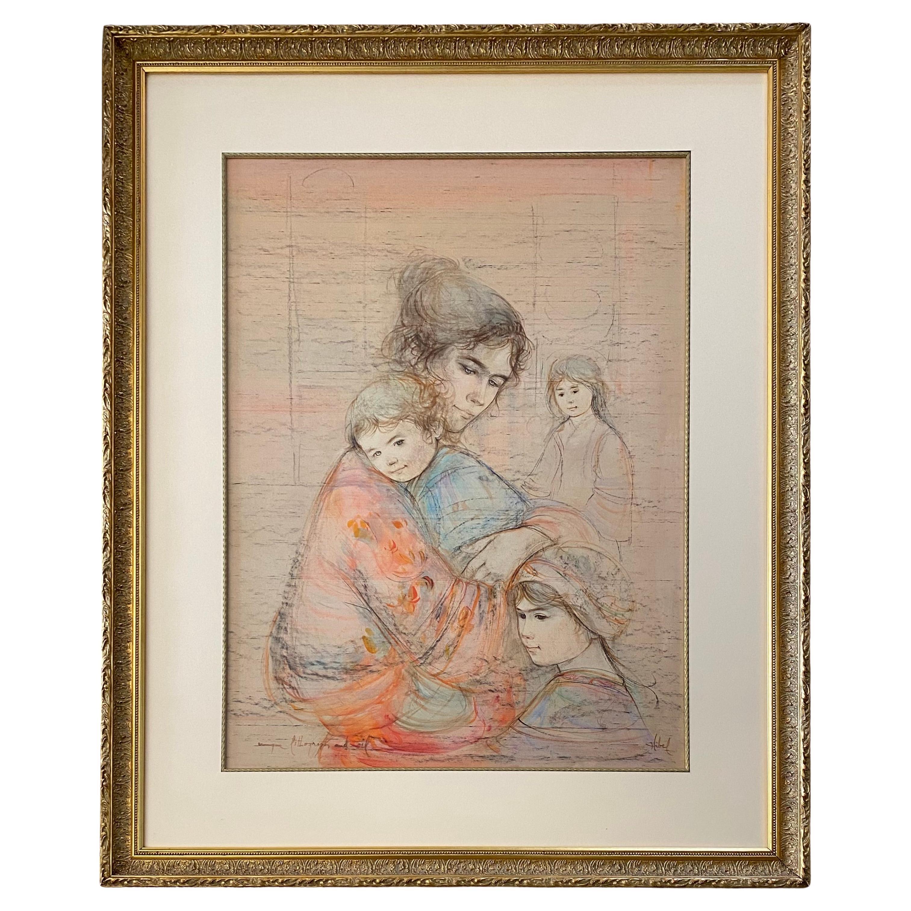 Edna Hibel Color Lithograph and Oil Embellished Mother and Children For Sale