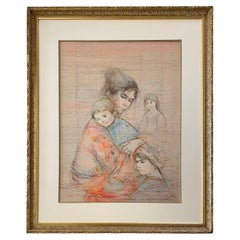 Edna Hibel Color Lithograph and Oil Embellished Mother and Children