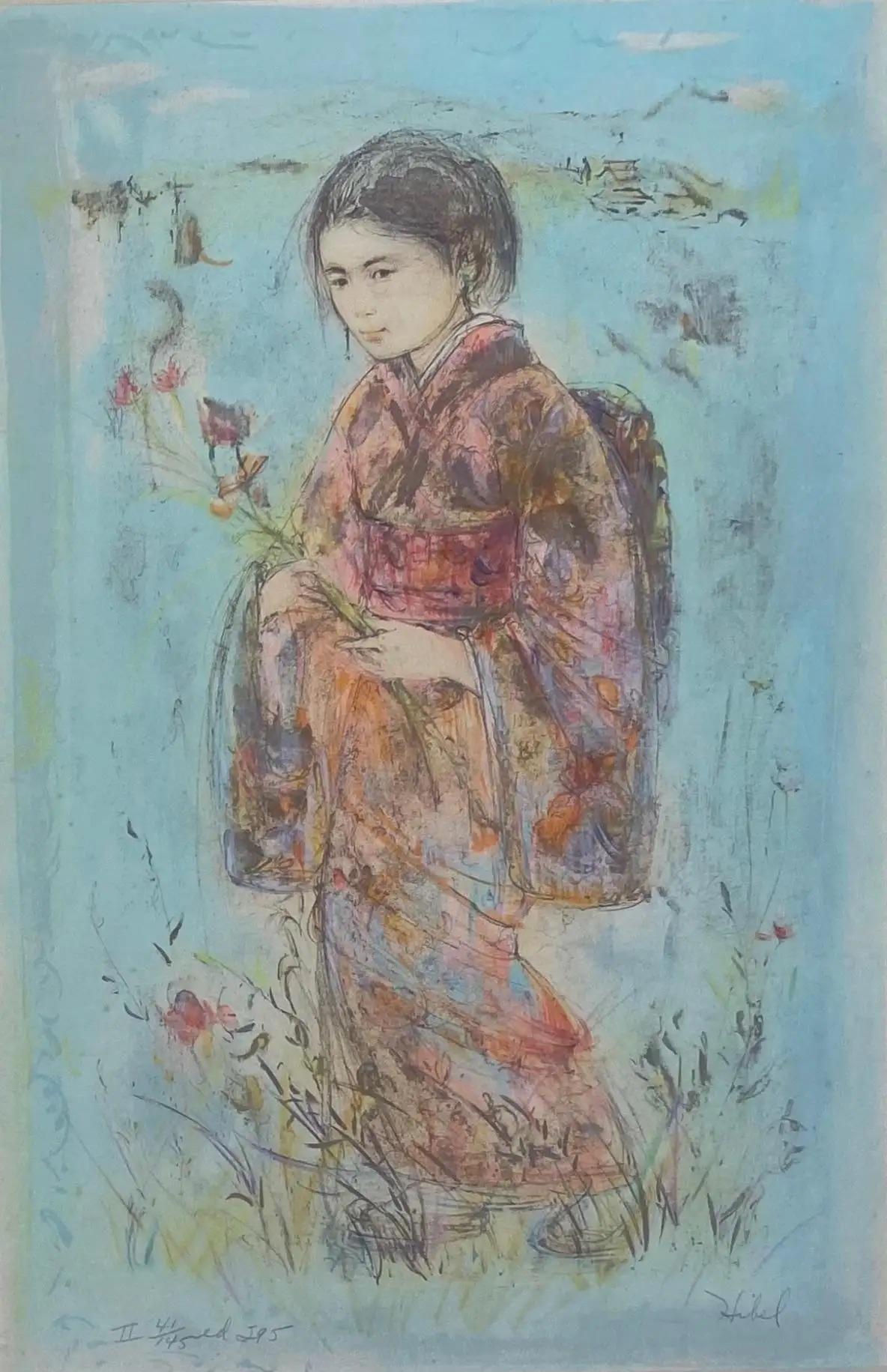 Ein wunderschönes dekoratives Kunstwerk von Edna Hibel, das ein junges Mädchen in einem traditionellen japanischen Kimono zeigt.
 
Edna Hibel: 1917-2015. Bedeutende amerikanische Künstlerin. Vor allem in Florida und Massachusetts verbreitet. Es gibt