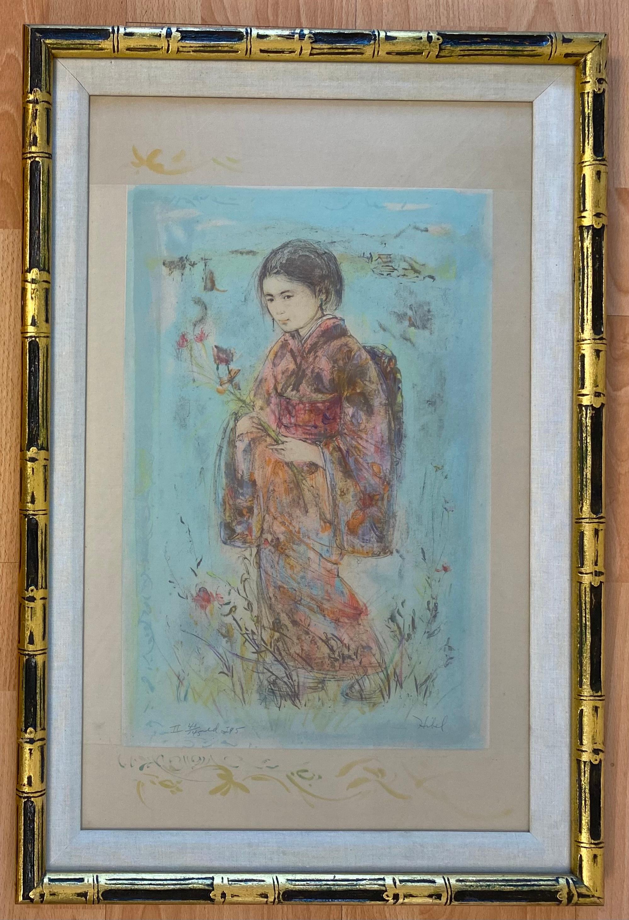 Américain Lithographie Edna Hibel couleur d'une jeune fille japonaise dans un kimono traditionnel, signée à la main en vente