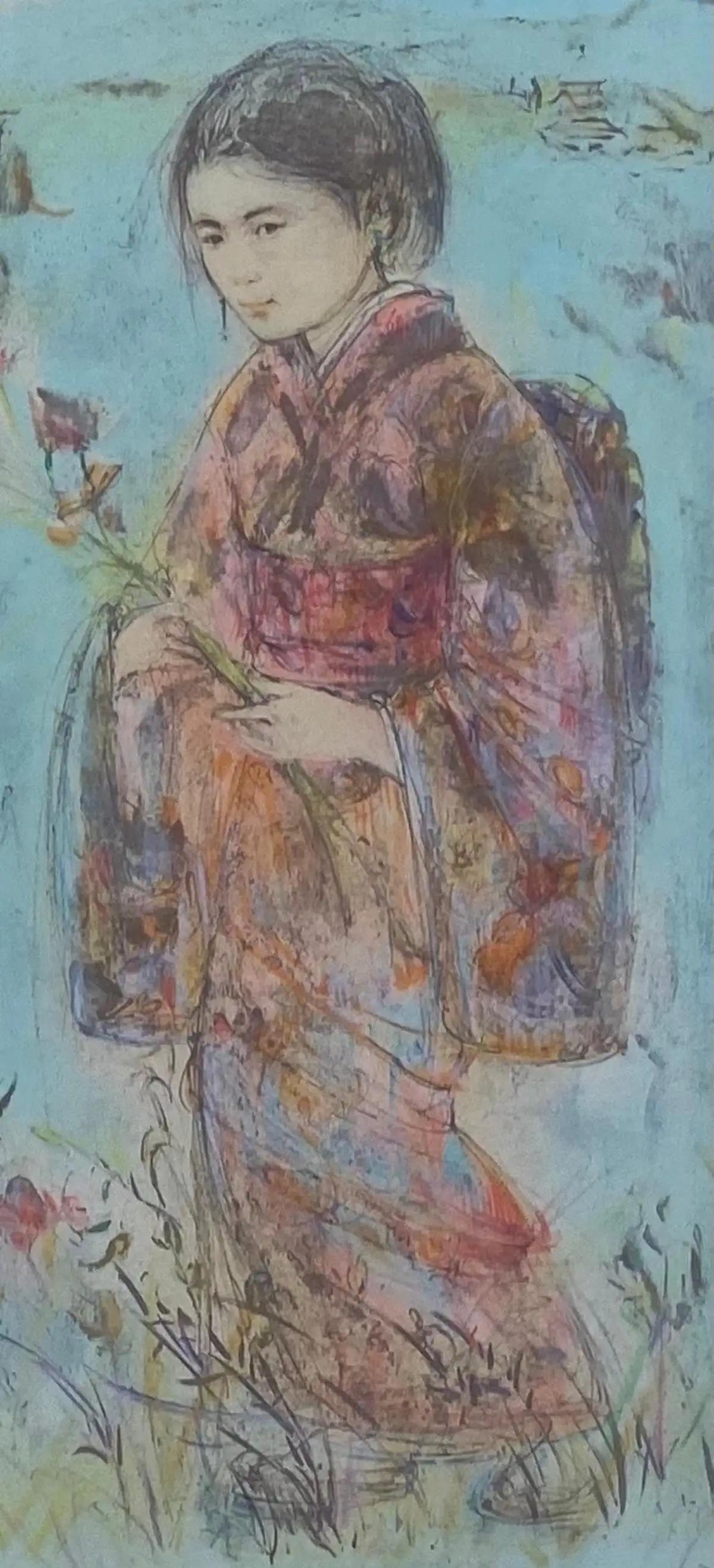 Doré Lithographie Edna Hibel couleur d'une jeune fille japonaise dans un kimono traditionnel, signée à la main en vente