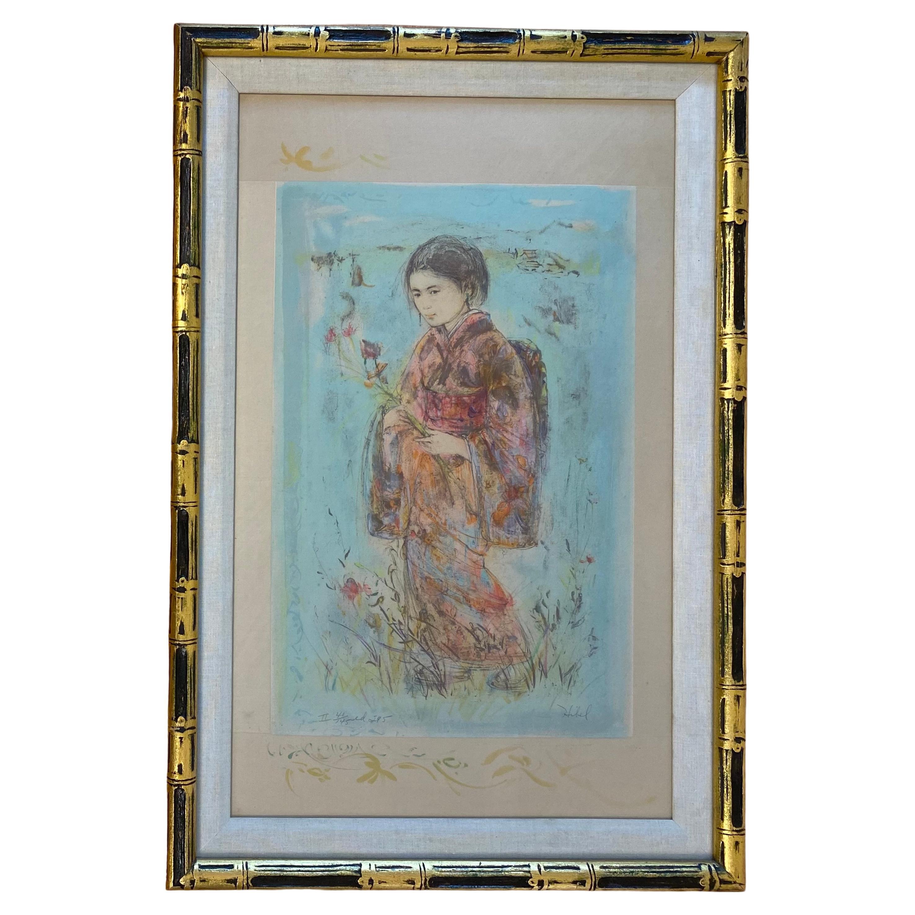 Lithographie Edna Hibel couleur d'une jeune fille japonaise dans un kimono traditionnel, signée à la main