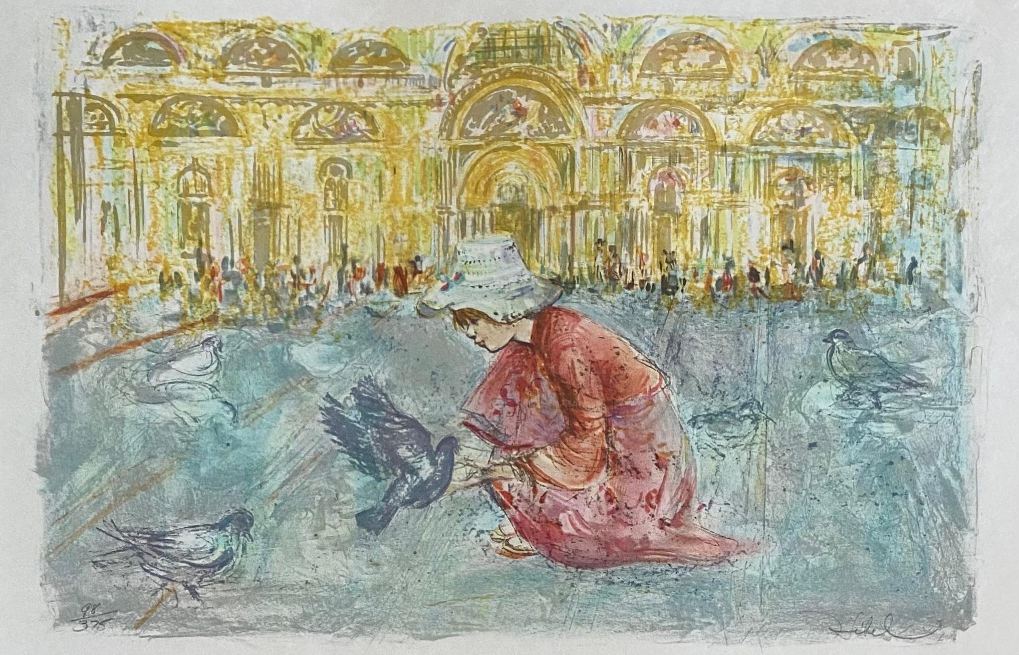 Edna Hibel color lithograph depicting Piazza San Marco or St. Mark's Square in Venice, Italy. Signed and Numbered. 

A very decorative piece of art by listed Post-Impressionist artist Edna Hibel. 
This beautiful artwork would enhance any space.