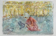 Edna Hibel Color Lithograph Piazza San Marco Venice Italy, Signed and Numbered