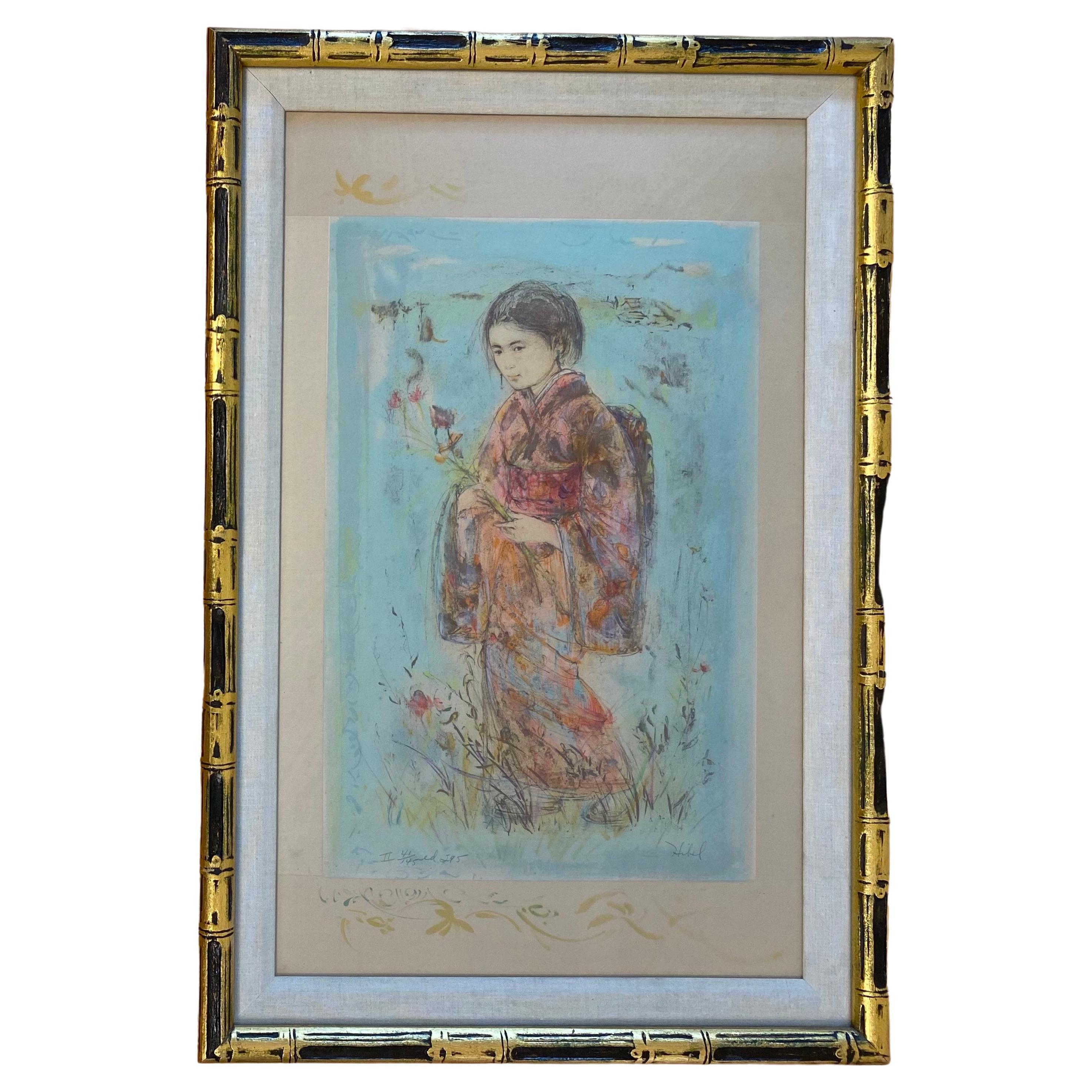 Edna Hibel Color Lithograph Japanese Girl in a Traditional Kimono, Hand Signed