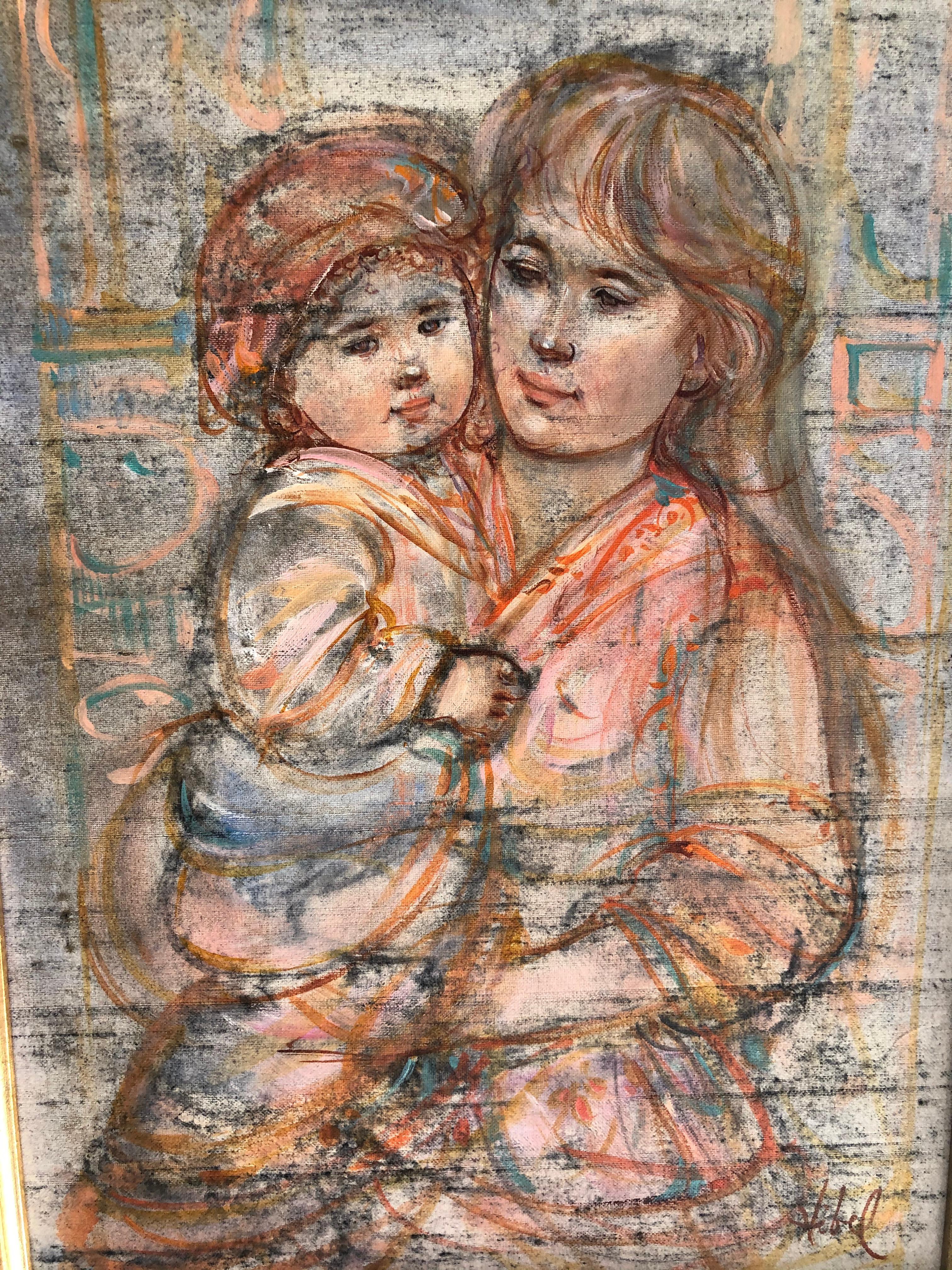 Edna Hibel Mutter und Kind Original Ölgemälde auf Seide im Angebot 1