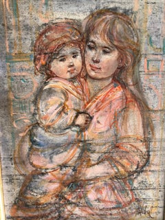 Edna Hibel Mutter und Kind Original Ölgemälde auf Seide