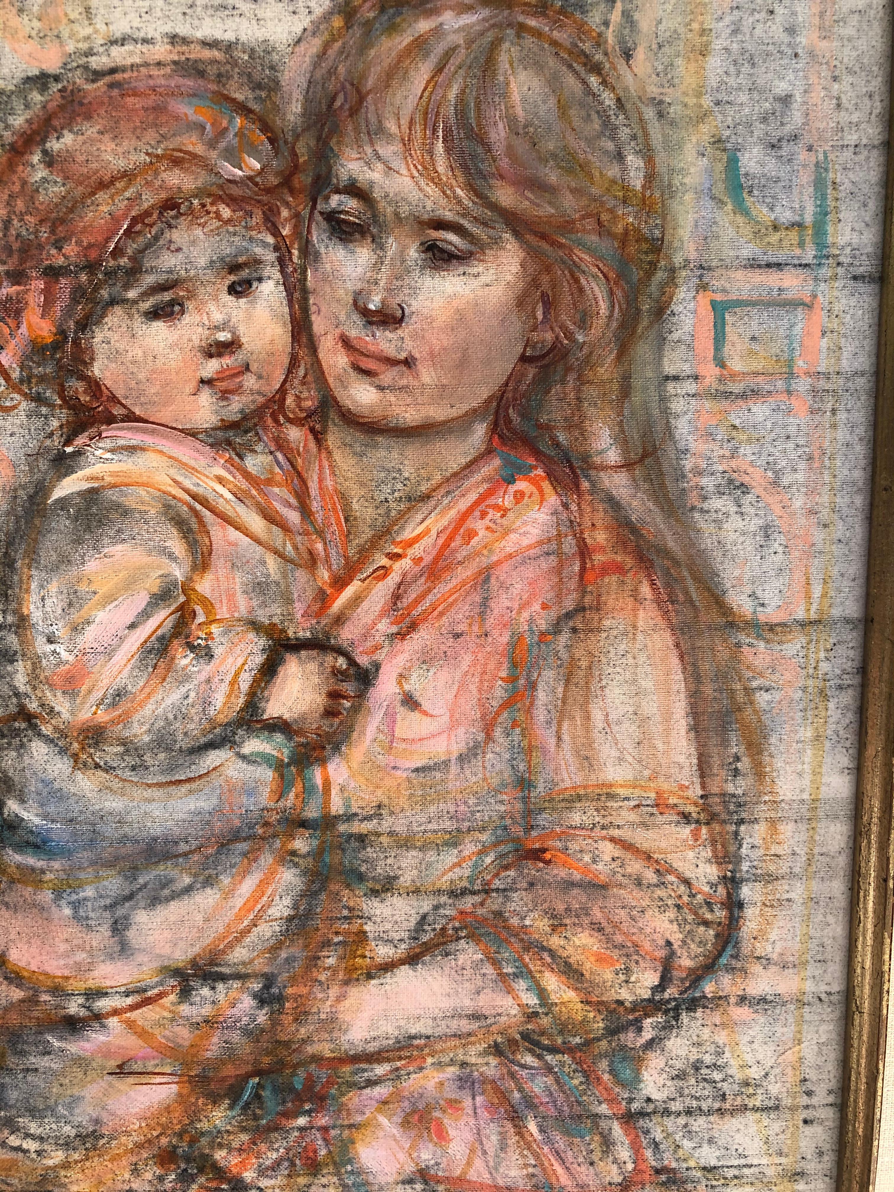 Edna Hibel Mother and Child Original Oil Painting on Silk For Sale 3