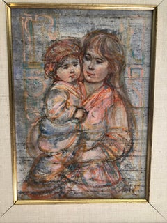 Peinture à l'huile originale sur soie - Mère et enfant - Edna Hibel
