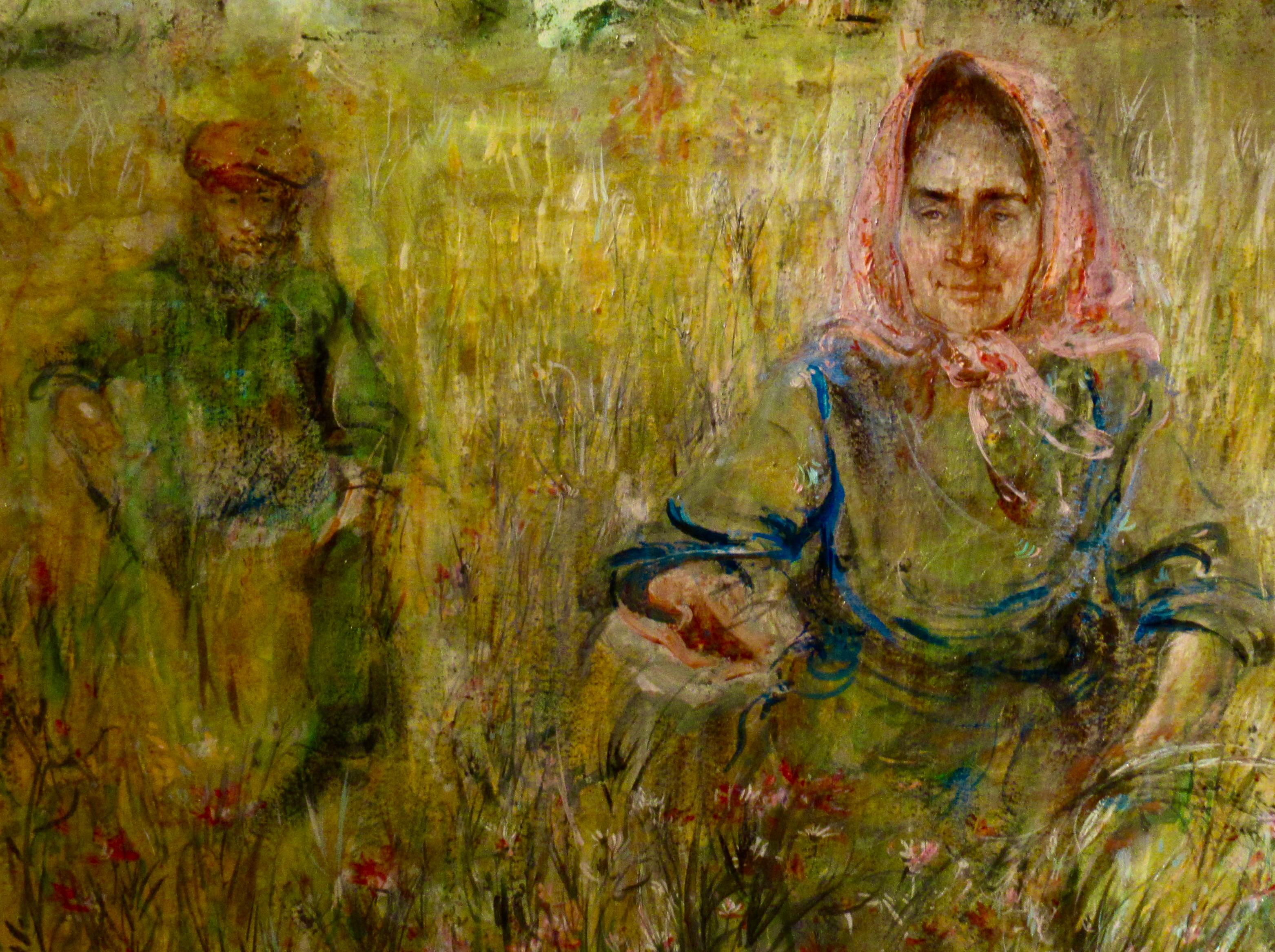 Untitled, Two people in the field - Painting by Edna Hibel
