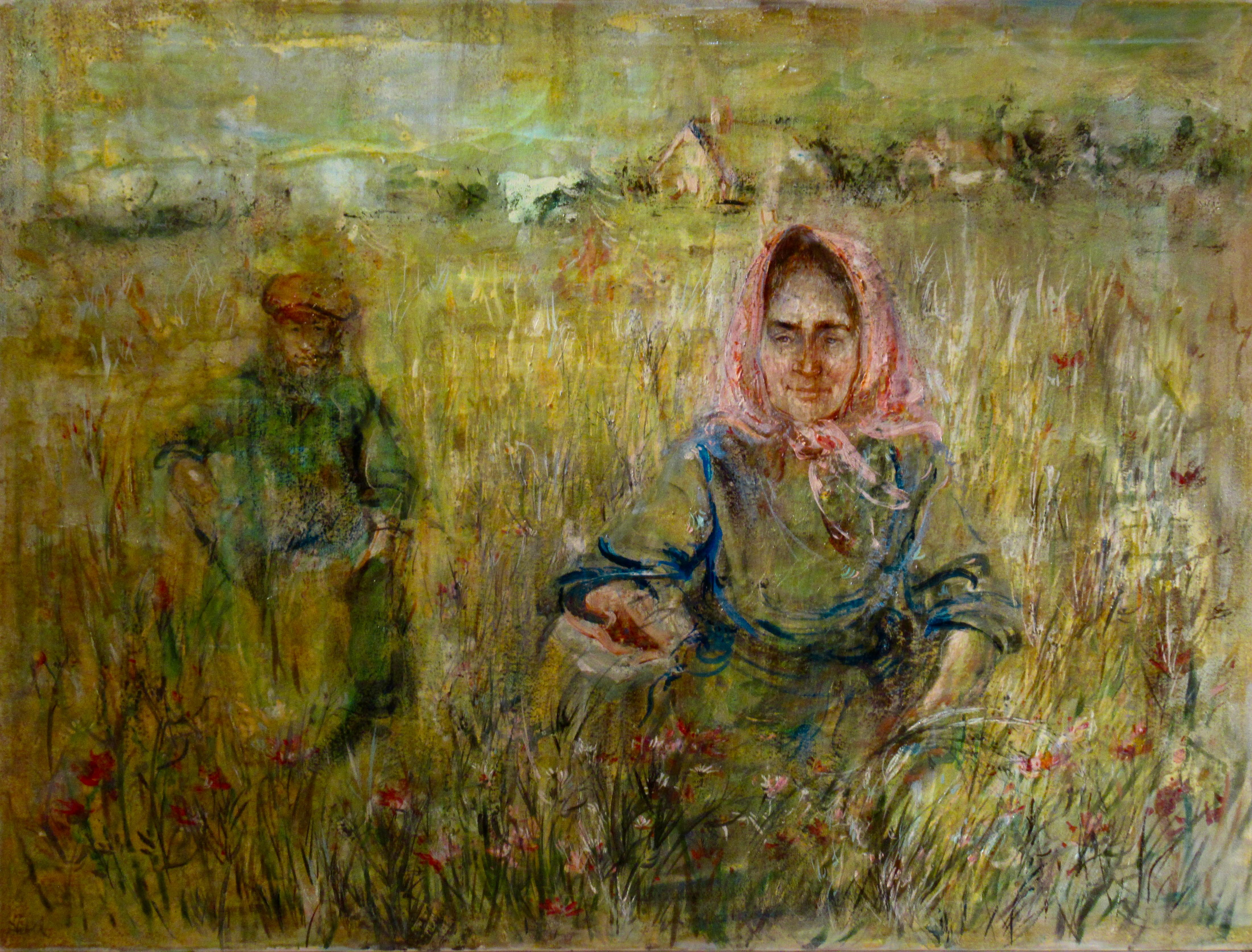 Edna Hibel Figurative Painting - Untitled, Two people in the field