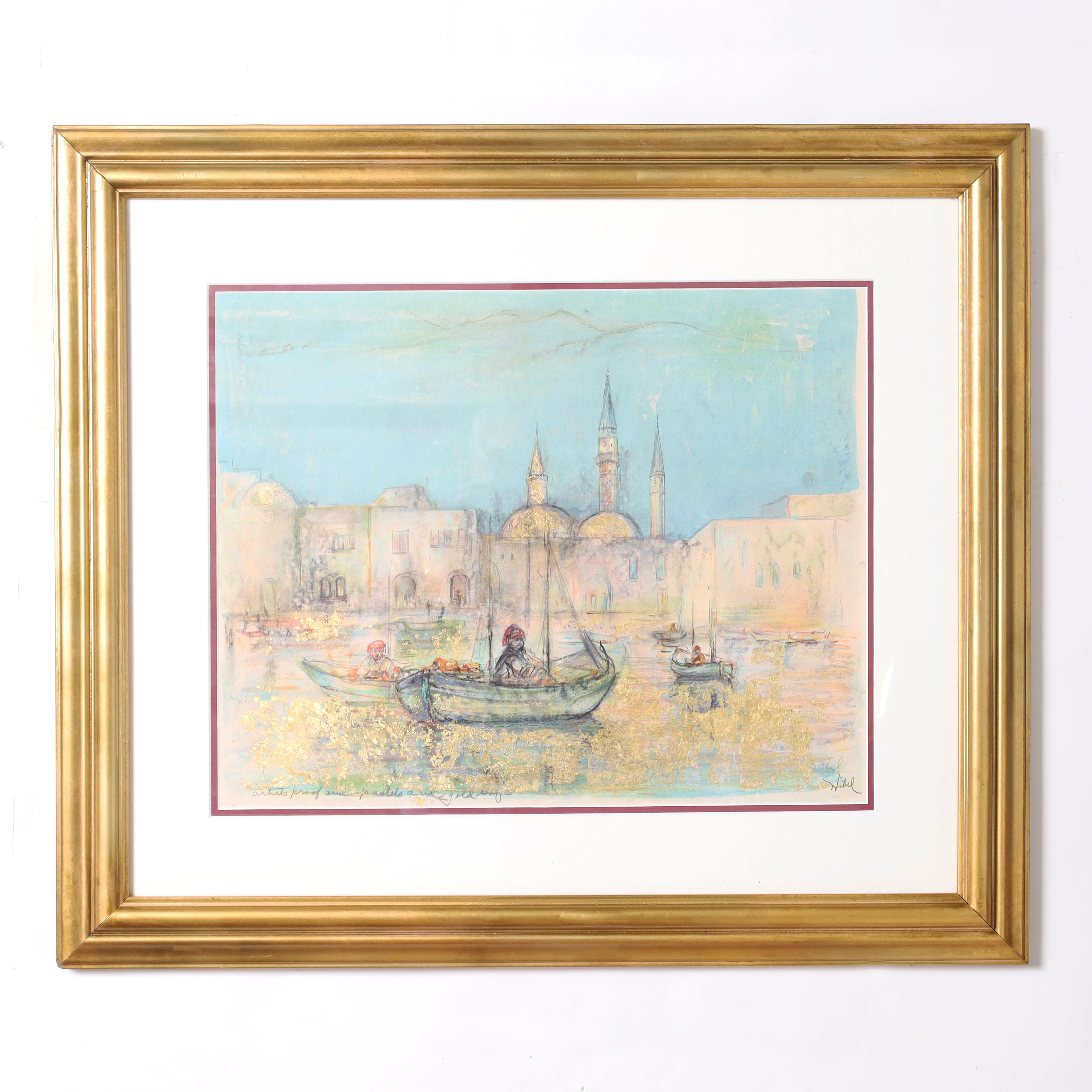 Momento sereno en el tiempo en un canal veneciano realizado por la artista Edna Hibel con la técnica de litografía en piedra como prueba de artista y realzado con pastel y pan de oro. Presentado bajo cristal en un marco de madera dorada.
