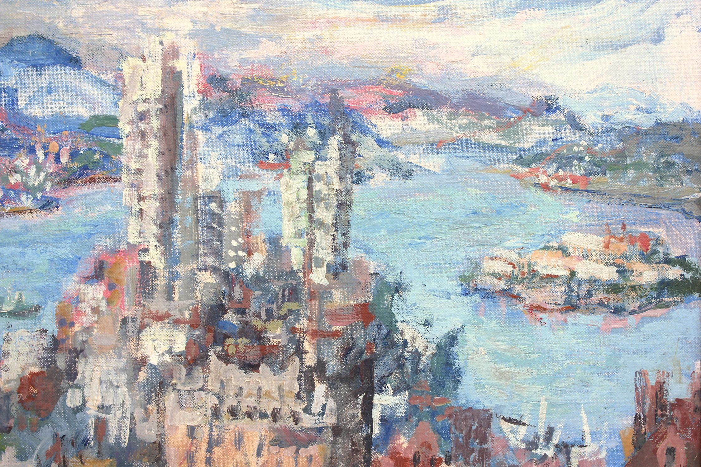 Abstrakt-impressionistische Stadtlandschaft, Ölgemälde auf Karton, San Francisco Bay im Angebot 6