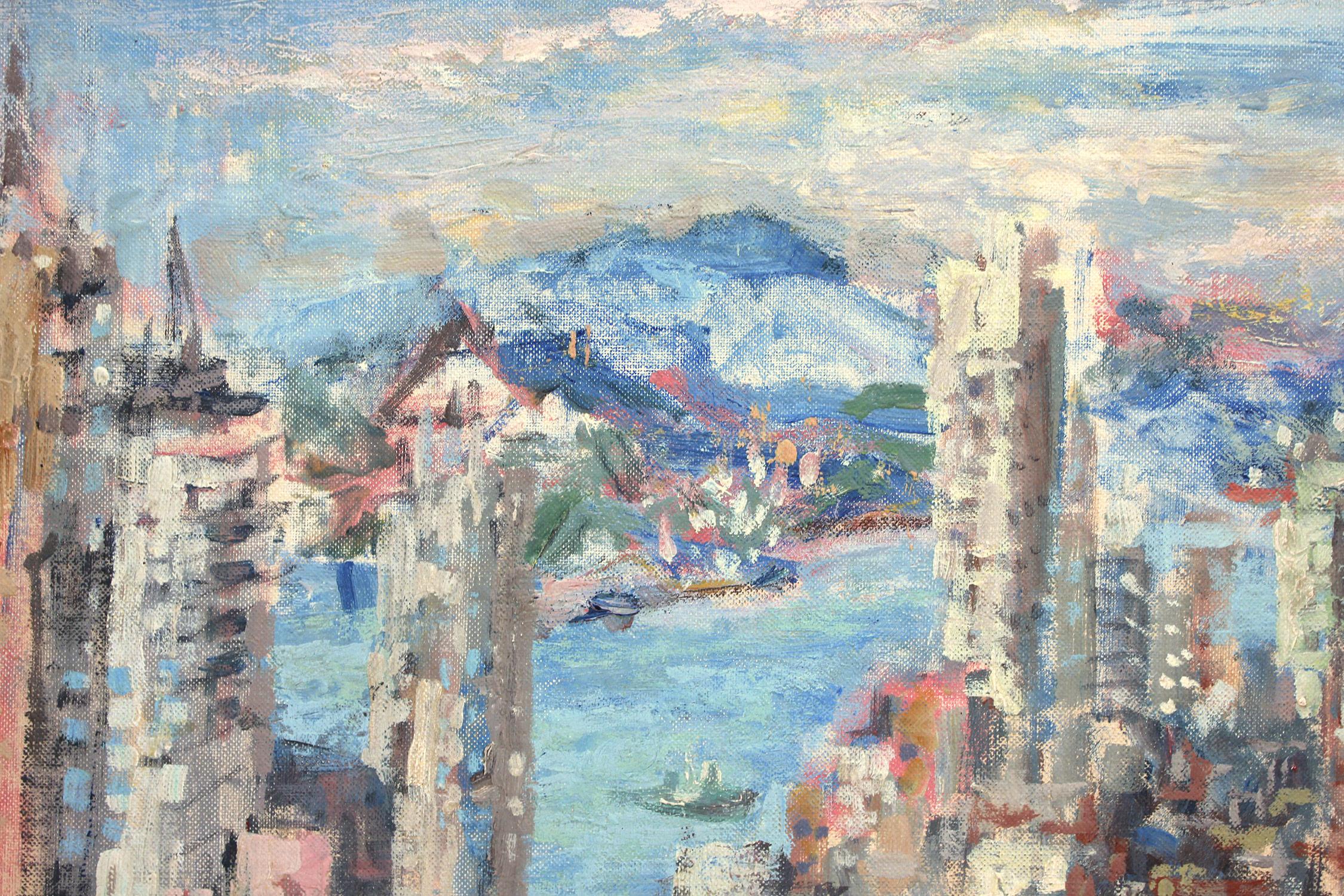 Abstrakt-impressionistische Stadtlandschaft, Ölgemälde auf Karton, San Francisco Bay im Angebot 8