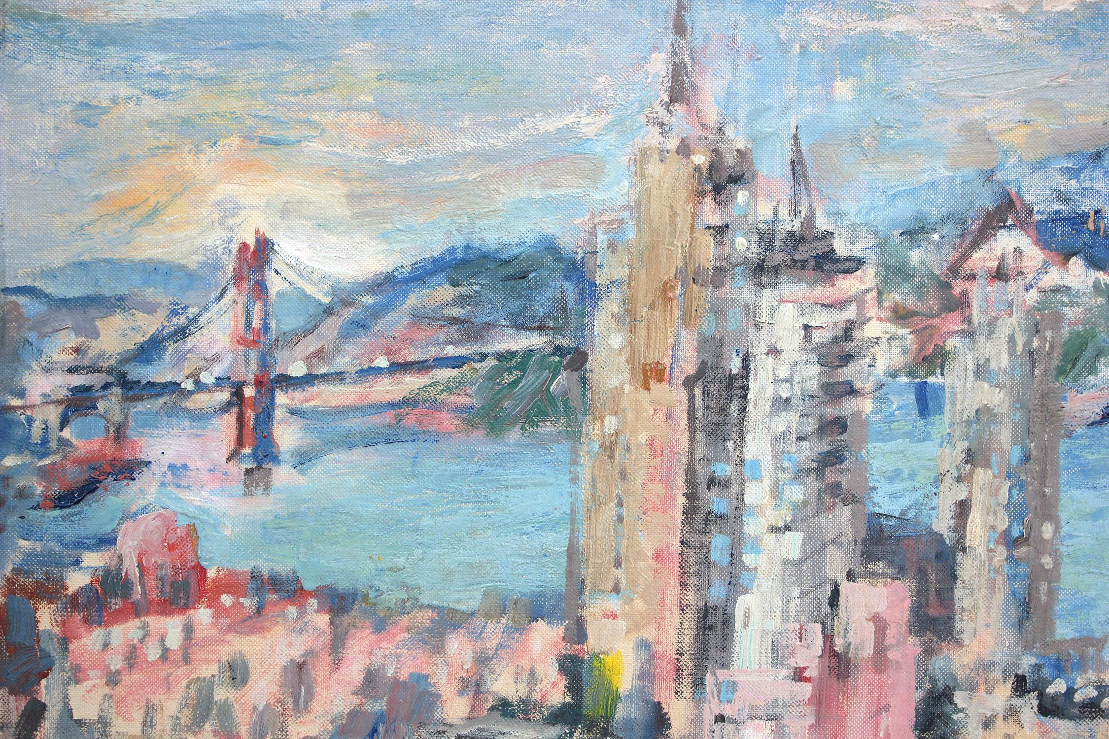 Peinture à l'huile sur panneau - paysage impressionniste abstrait de la baie de San Francisco en vente 3