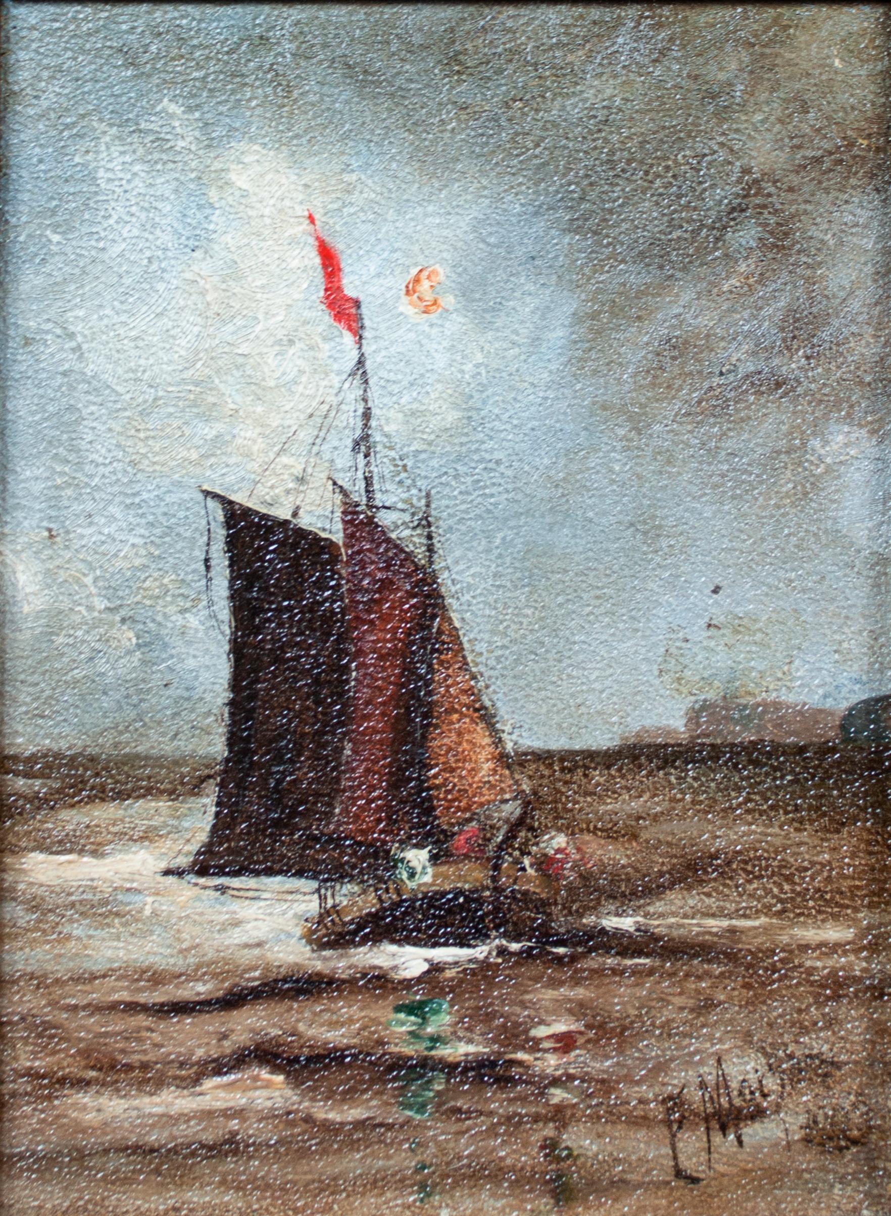 19th century oil painting landscape sailboat seascape textured expressionist - Painting by Edna McKeage