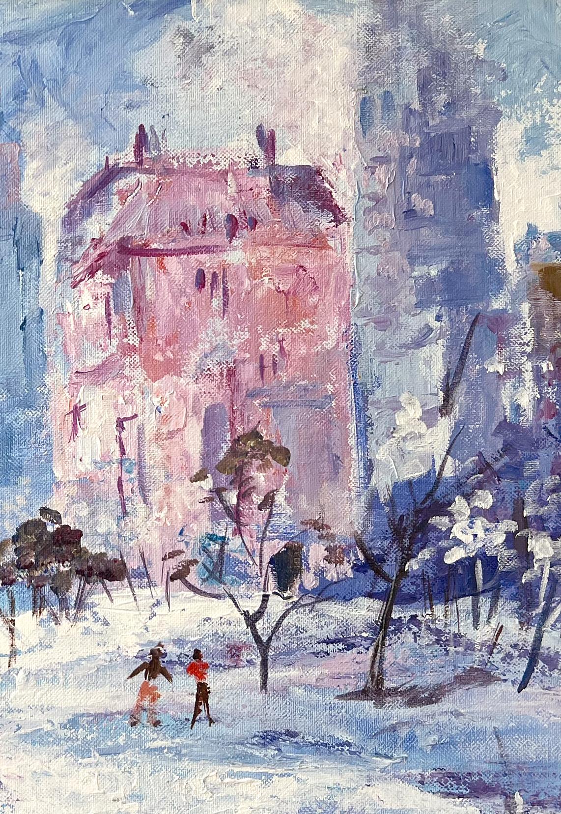Central Park, New York City, Winter, Snow, Skating, Mid-Century, Oil - Impressionist Painting by Edna V. Culbreth