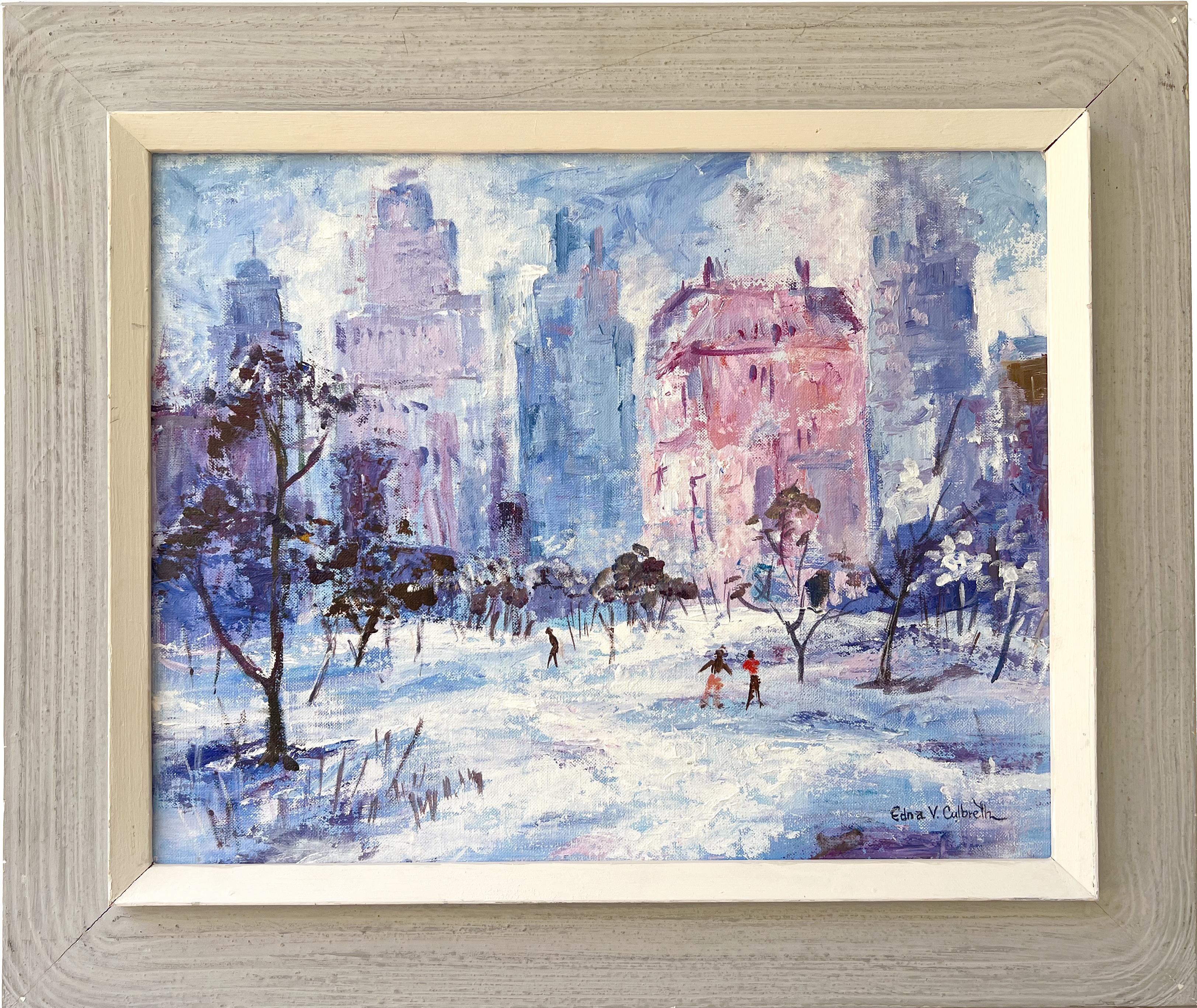 Central Park, New York City, Winter, Snow, Skating, Mid-Century, Oil 1