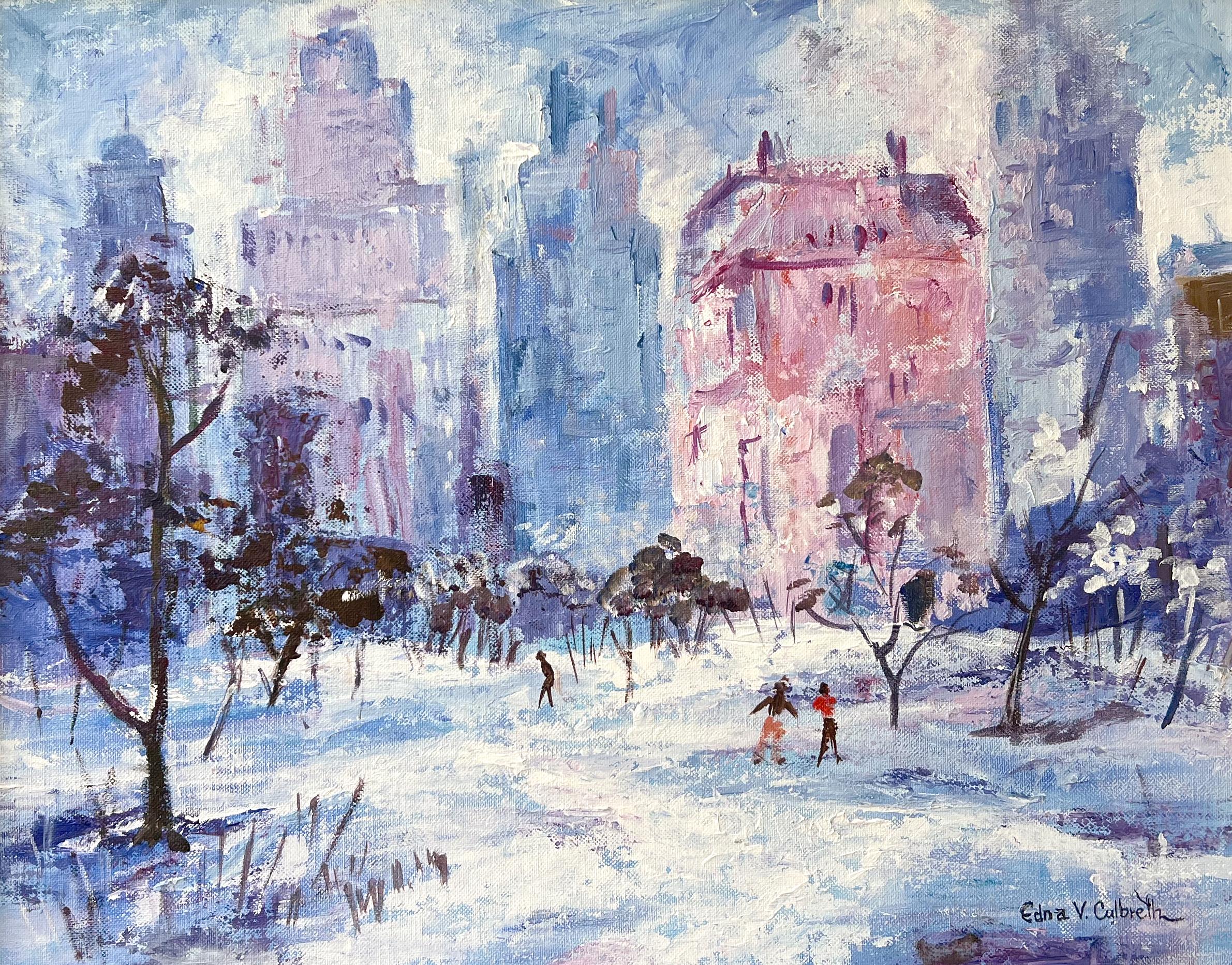 Edna V. Culbreth Landscape Painting - Central Park, New York City, Winter, Snow, Skating, Mid-Century, Oil