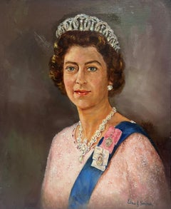 Portrait britannique de la reine Elizabeth II - Peinture à l'huile sur toile signée