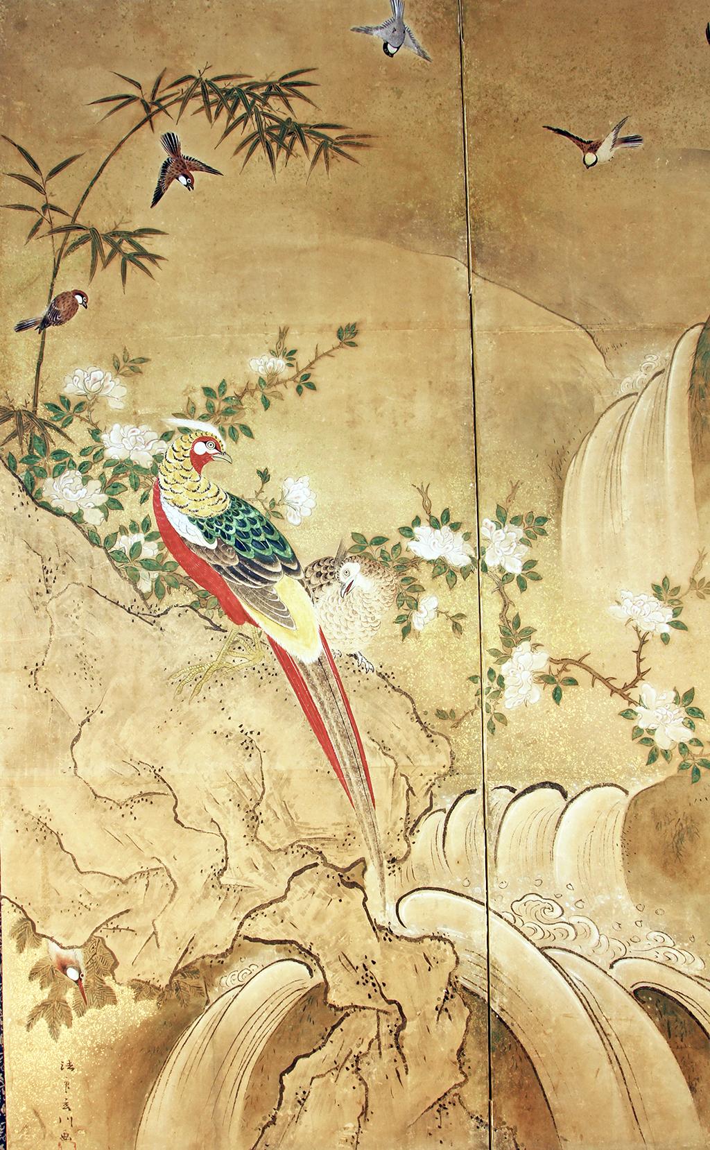 Edo 18th Century Two Panels Japanese Folding Screen Inks, Pigments on Rise Paper In Good Condition In Brescia, IT