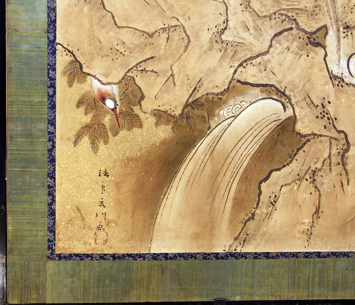 Edo 18th Century Two Panels Japanese Folding Screen Inks, Pigments on Rise Paper 1