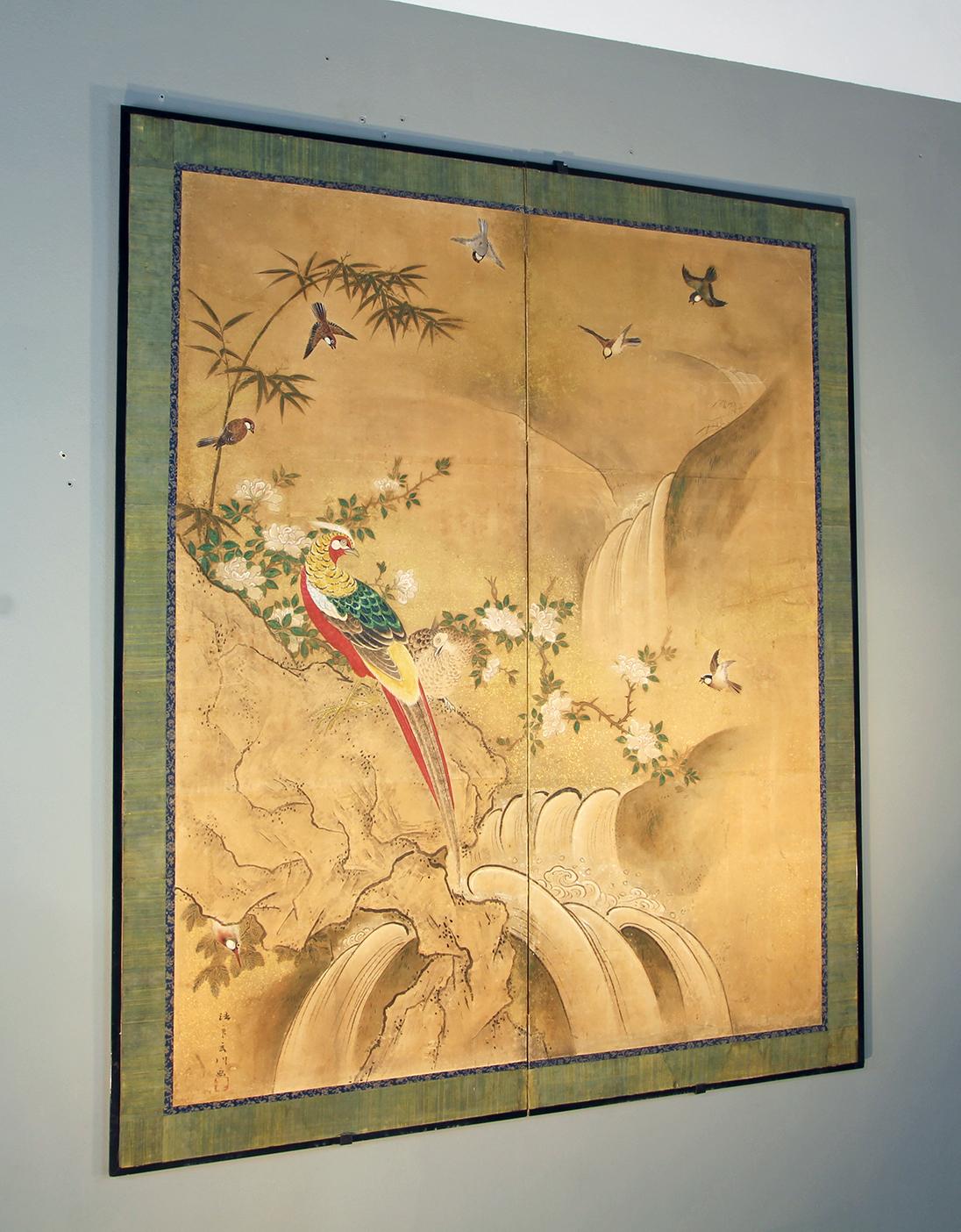 Edo 18th Century Two Panels Japanese Folding Screen Inks, Pigments on Rise Paper 2