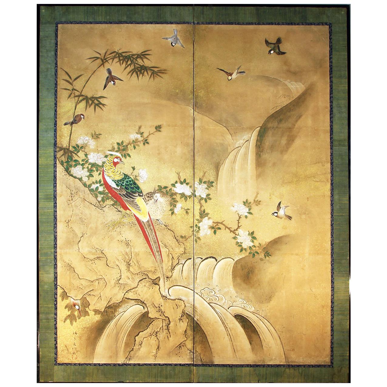 Edo 18th Century Two Panels Japanese Folding Screen Inks, Pigments on Rise Paper