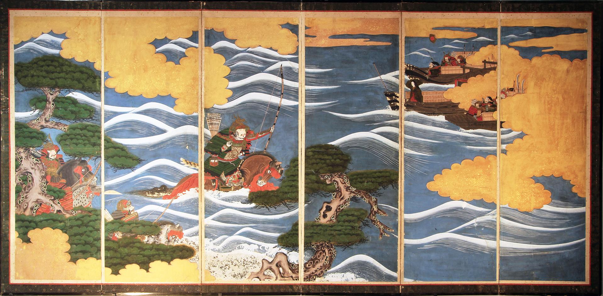 Samurai on horseback and by boat from the famous battle of Kawanakajima Japanese folding screen six-panel painted with mineral pigments on vegetable paper, early 19th century.