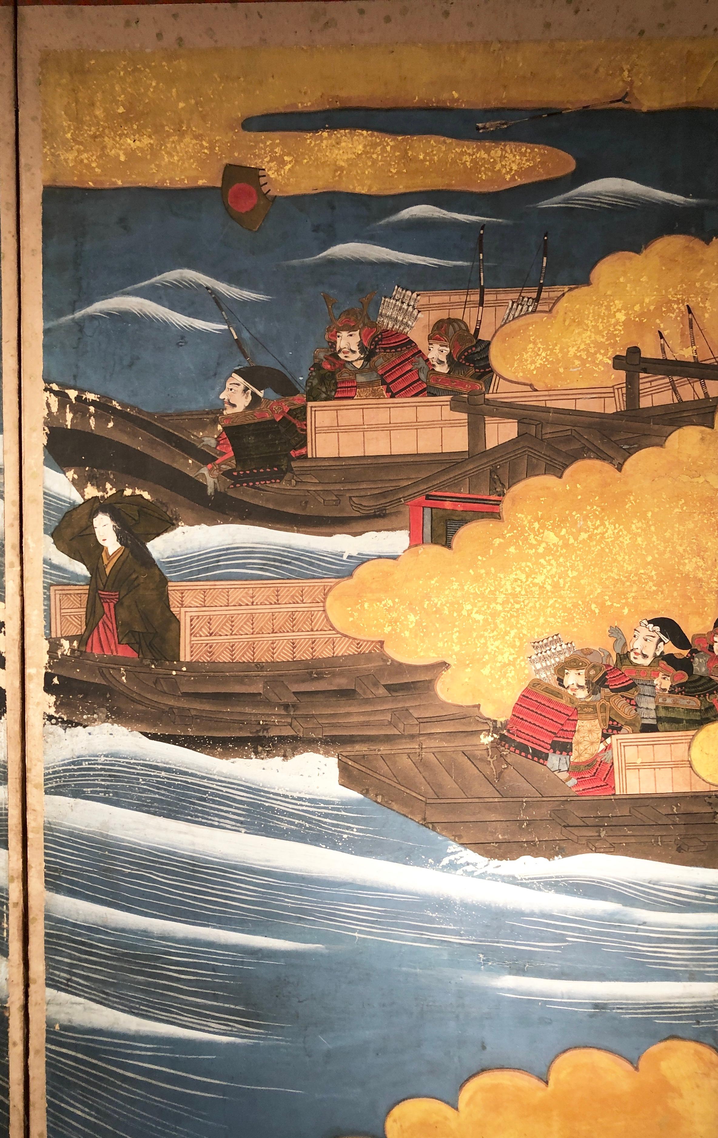 Paper Edo 19th Century Japanese Folding Screen Six Panels Battle of Kawanakajima