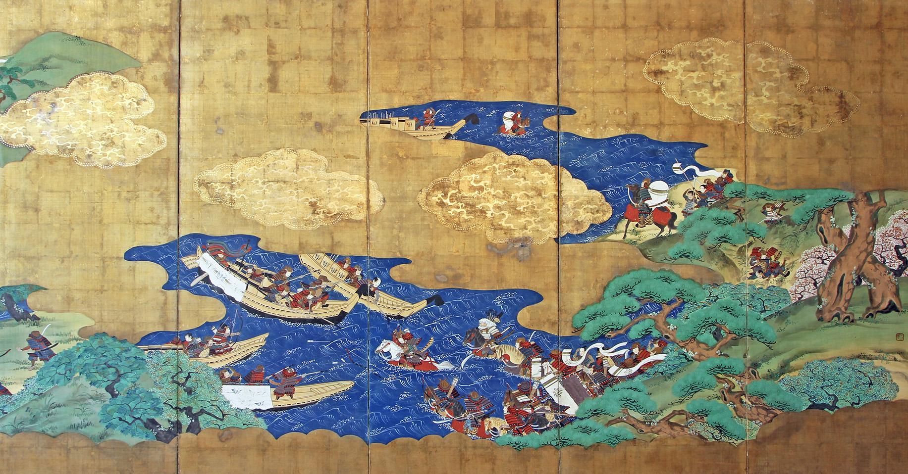 Samurai a cavallo e in barca dalla famosa battaglia di Menpei Schermo pieghevole giapponese a sei pannelli della 