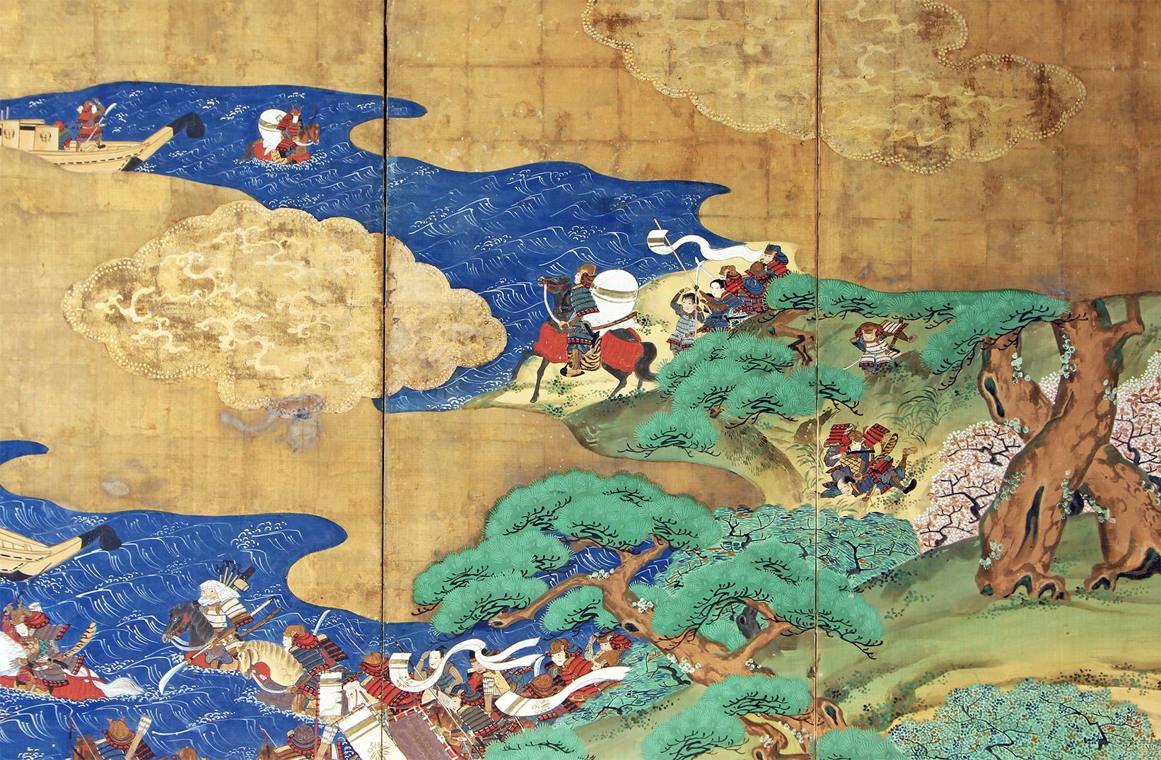 Paravento giapponese Edo del XIX secolo a sei pannelli Battaglia di Menpei in vendita 1