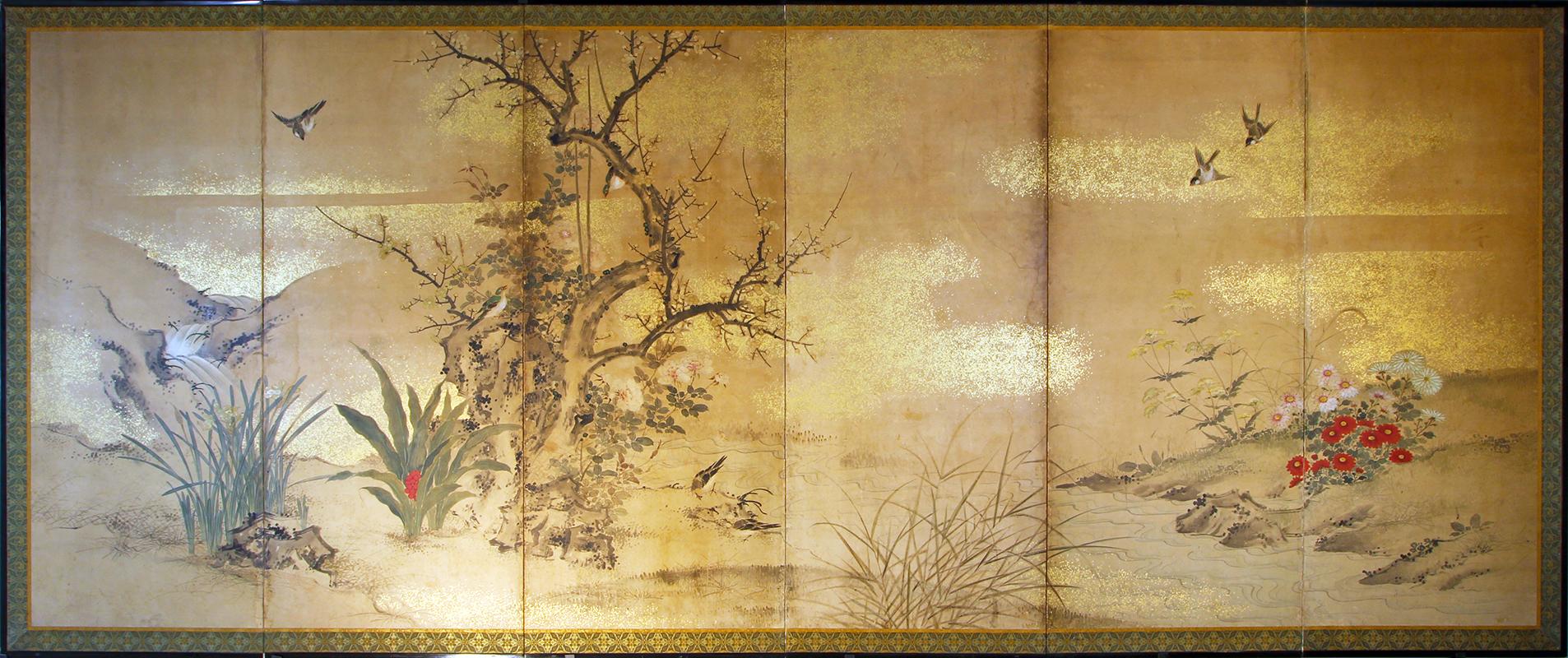 Landscape with birds, blooming sakura trees and chrysanthemum plants.
Six-panel Japanese folding screen with gold grains and hand painted with mineral pigments on rice paper. Edo period, early 19th century.
