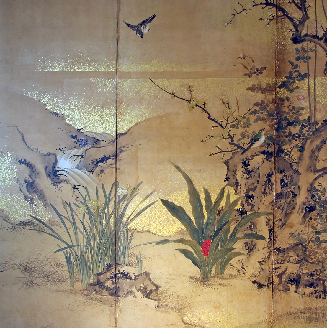 Edo 19th Century, Japanese Folding Screen Six Panels Hand Painted on Rise Paper In Good Condition In Brescia, IT